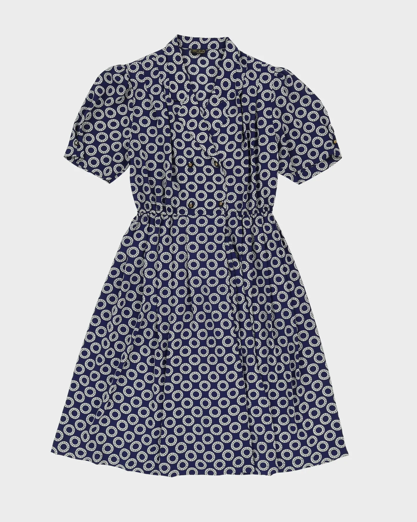 00s Blue With White Pattern Tea Dress - M