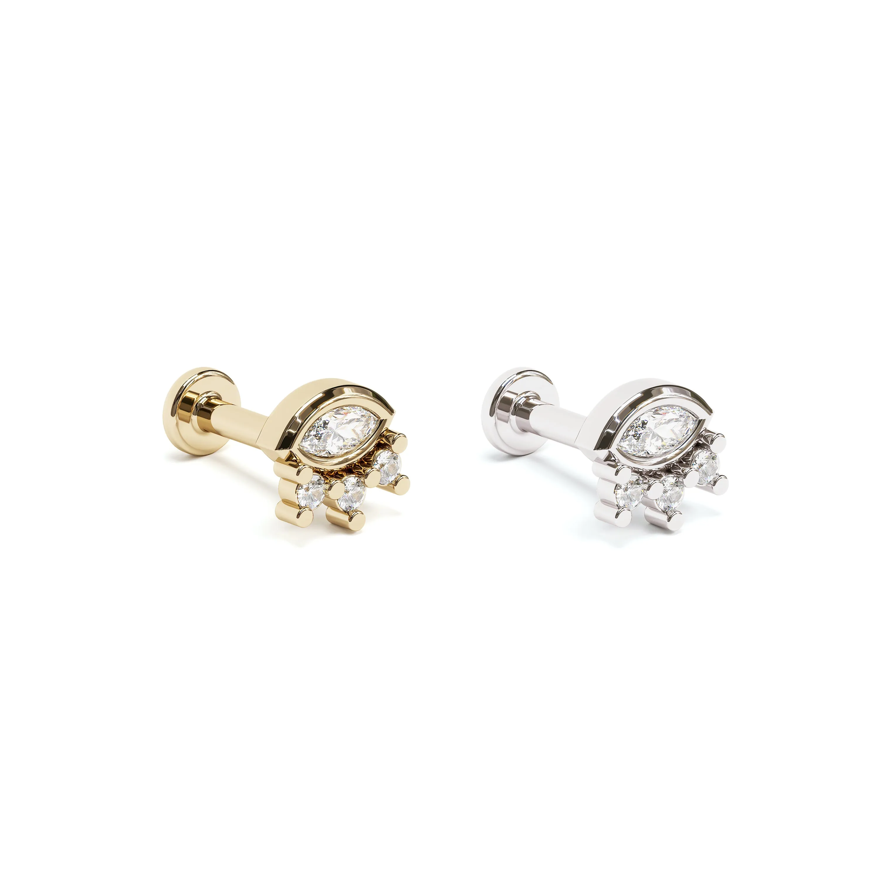 14K Gold Marquise Round Diamond Stud