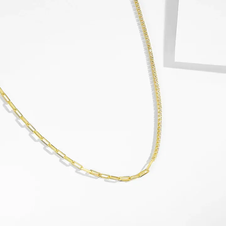 18k/925 Vermeil Half Paper Clip Half Cubic Zirconia Necklace