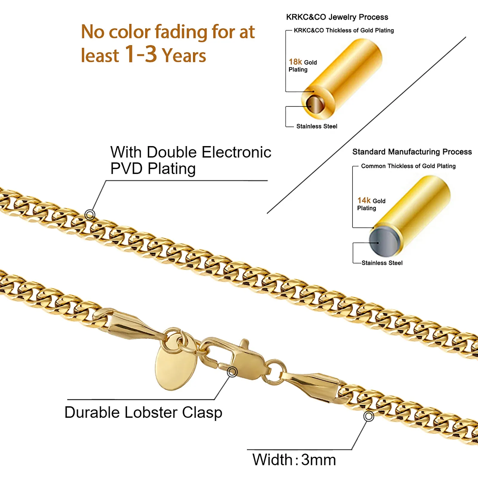 3mm Micro Cuban Link Chain KRKC with Lobster Clasp in 18K Gold / White Gold