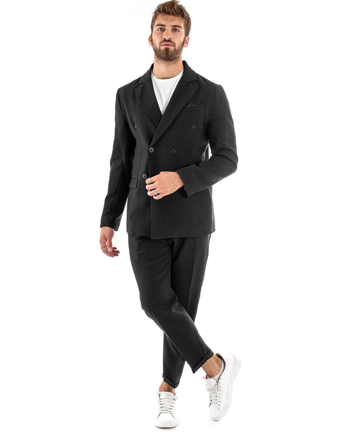 Abito Uomo Doppiopetto Vestito Viscosa Completo Giacca Pantaloni Nero Melangiato Elegante Cerimonia GIOSAL-OU2205A