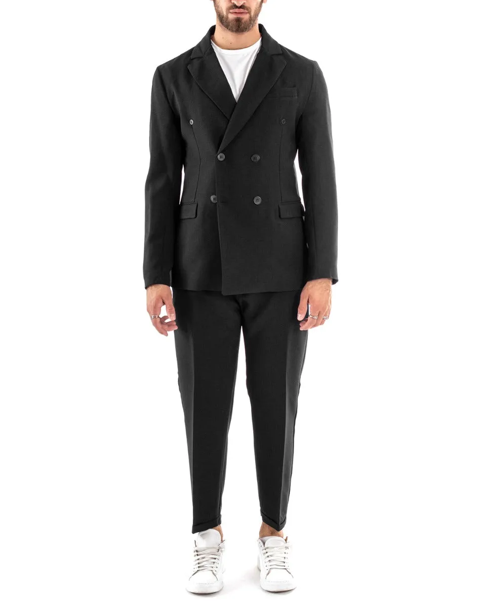 Abito Uomo Doppiopetto Vestito Viscosa Completo Giacca Pantaloni Nero Melangiato Elegante Cerimonia GIOSAL-OU2205A