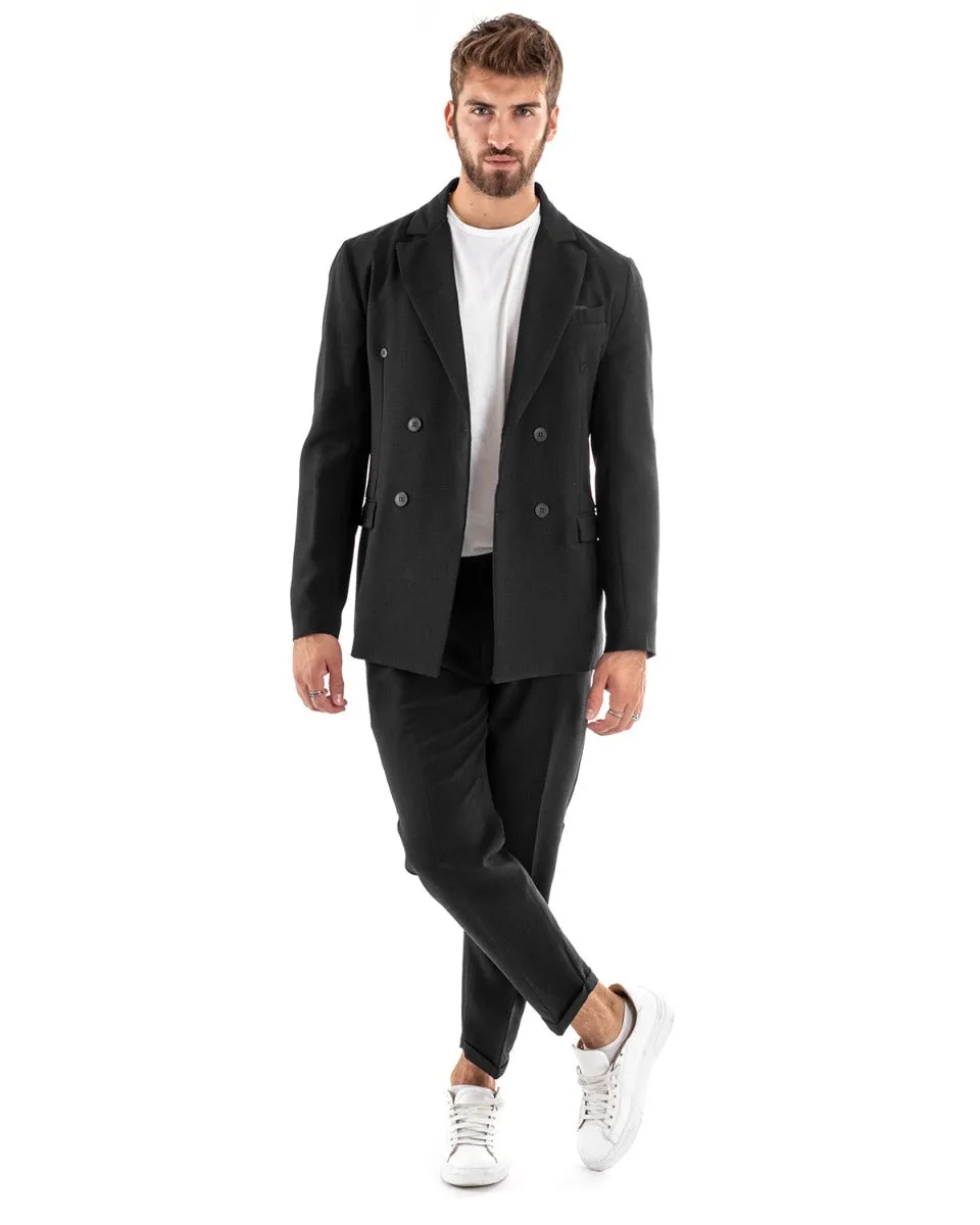 Abito Uomo Doppiopetto Vestito Viscosa Completo Giacca Pantaloni Nero Melangiato Elegante Cerimonia GIOSAL-OU2205A