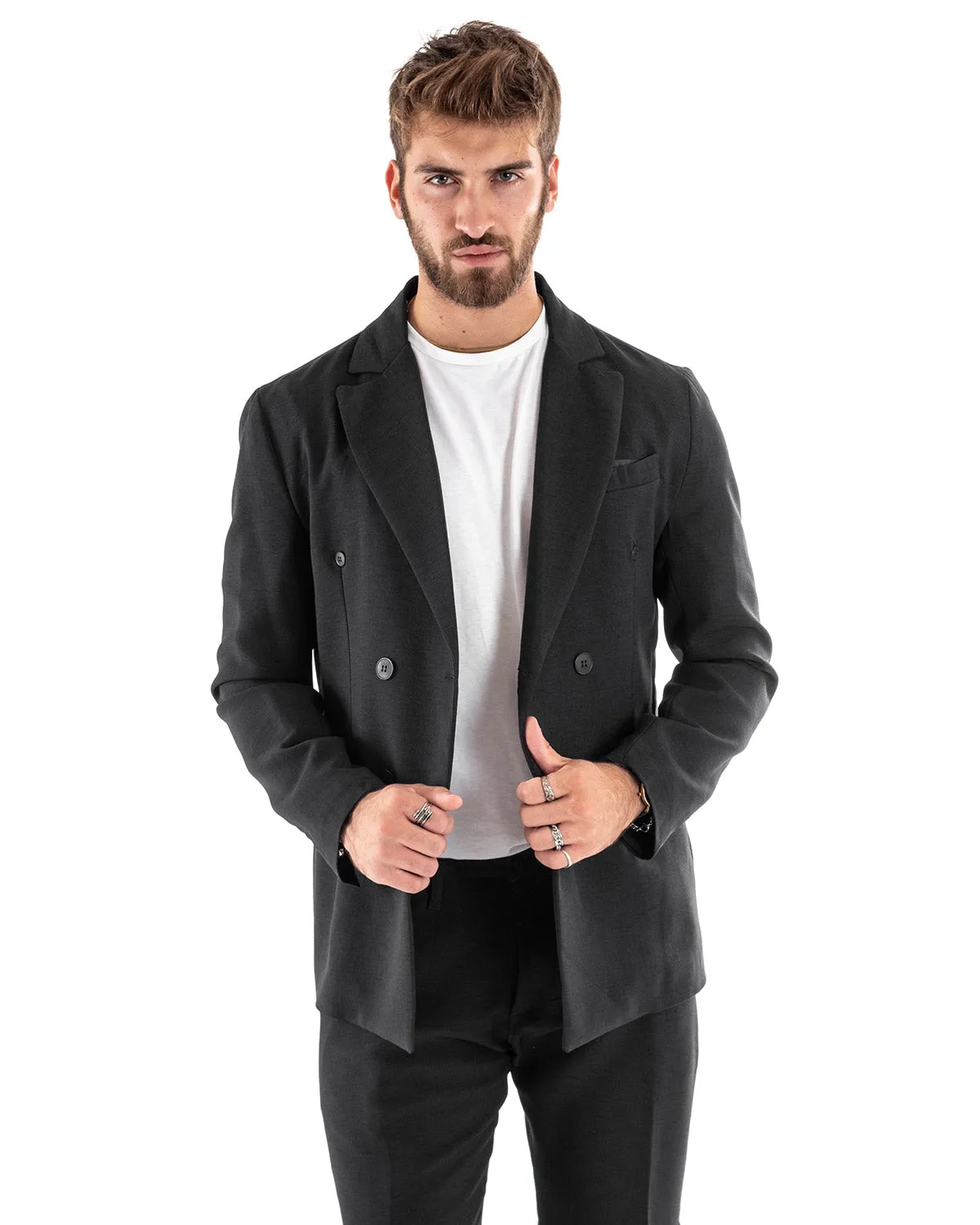 Abito Uomo Doppiopetto Vestito Viscosa Completo Giacca Pantaloni Nero Melangiato Elegante Cerimonia GIOSAL-OU2205A