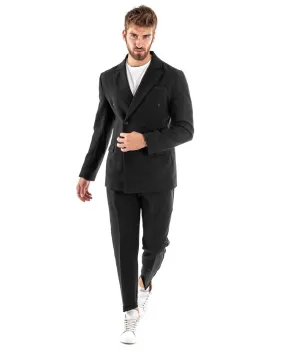 Abito Uomo Doppiopetto Vestito Viscosa Completo Giacca Pantaloni Nero Melangiato Elegante Cerimonia GIOSAL-OU2205A