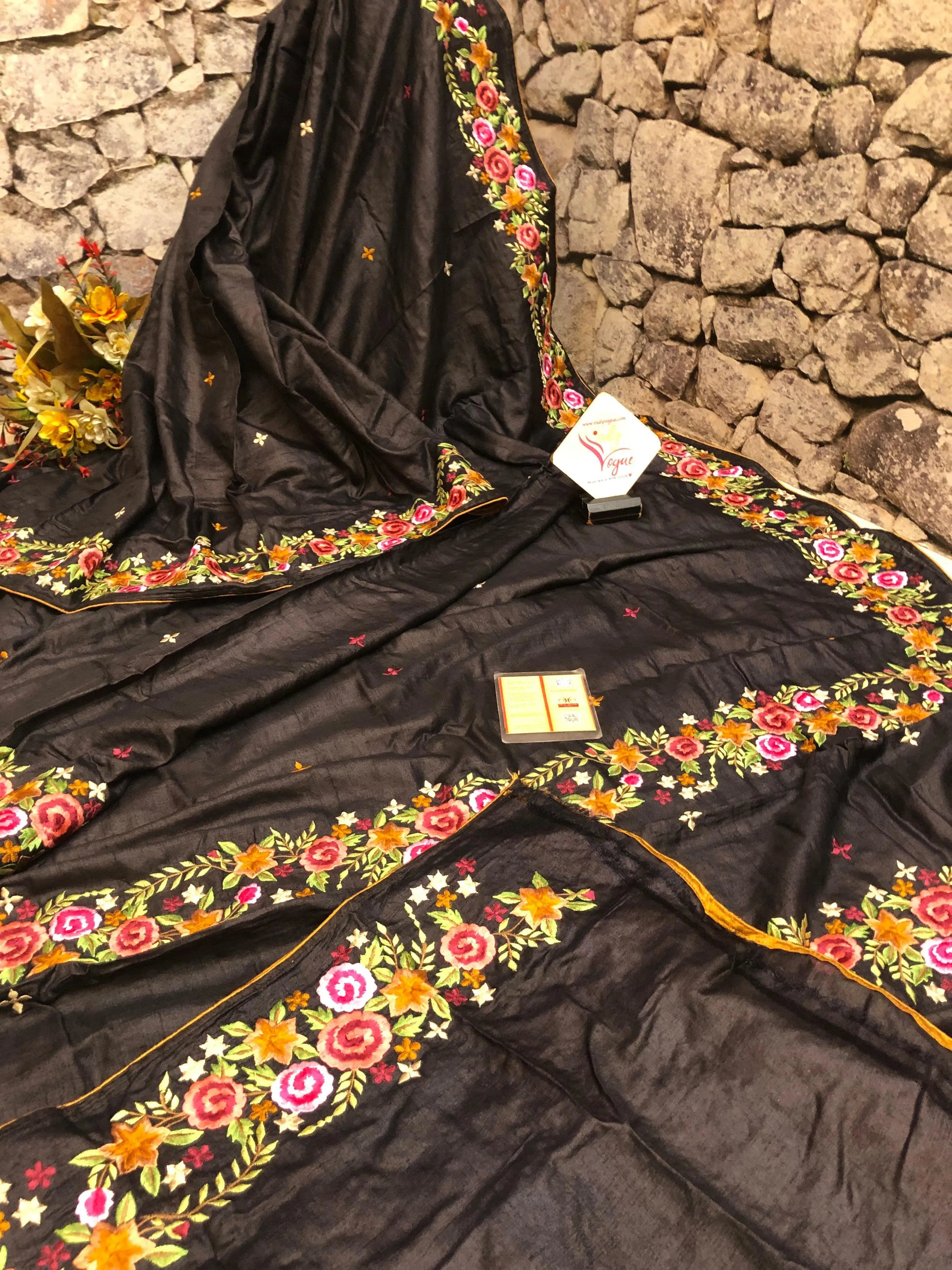 Aegean Black Color Pure Tussar Silk with Parsi Bullion Embroidery Work