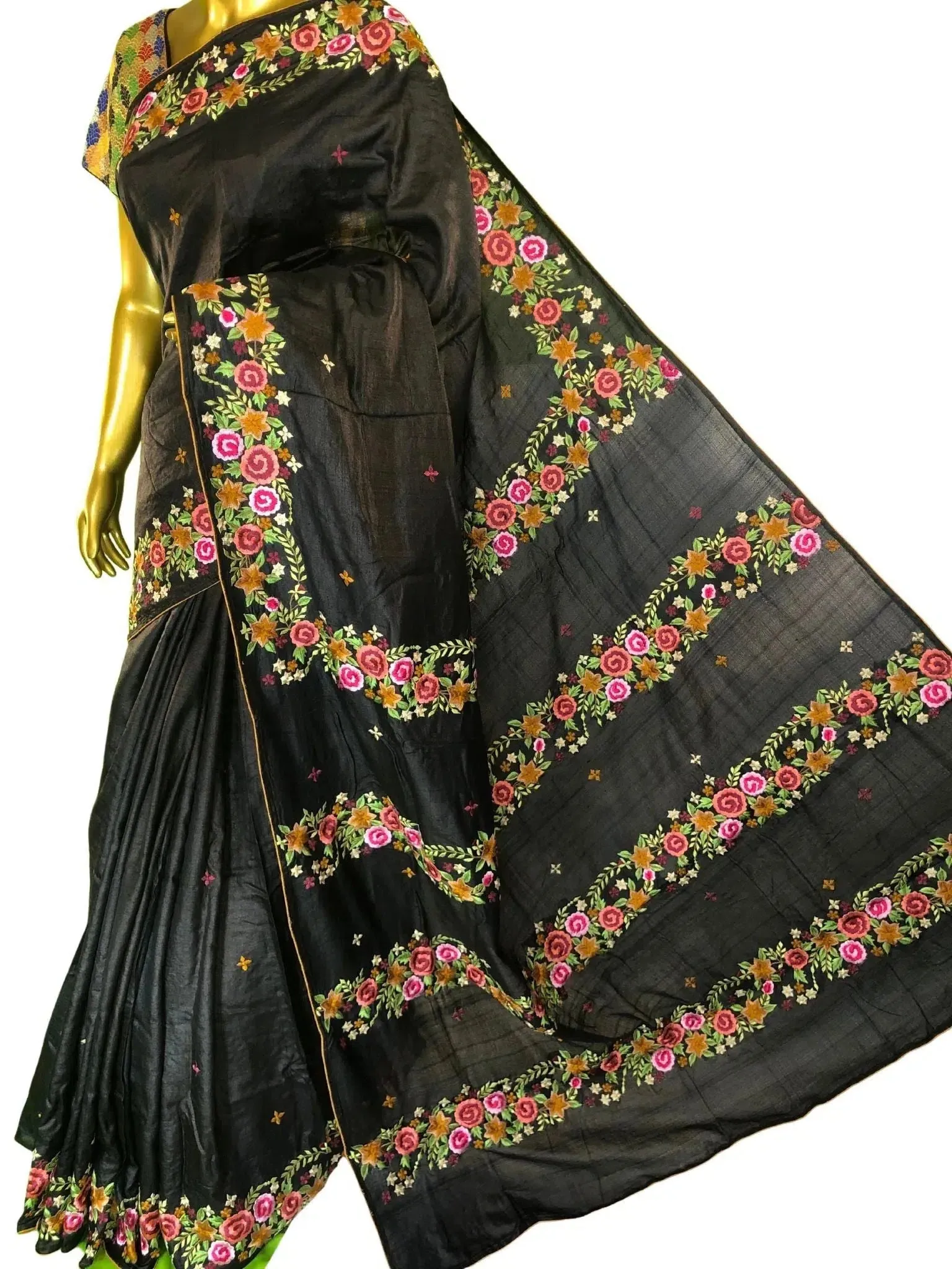 Aegean Black Color Pure Tussar Silk with Parsi Bullion Embroidery Work