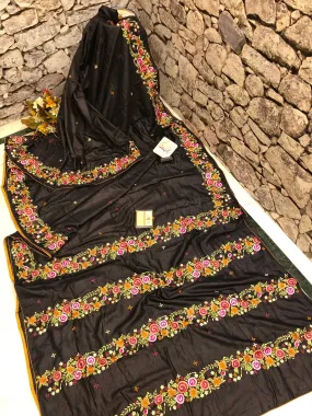 Aegean Black Color Pure Tussar Silk with Parsi Bullion Embroidery Work