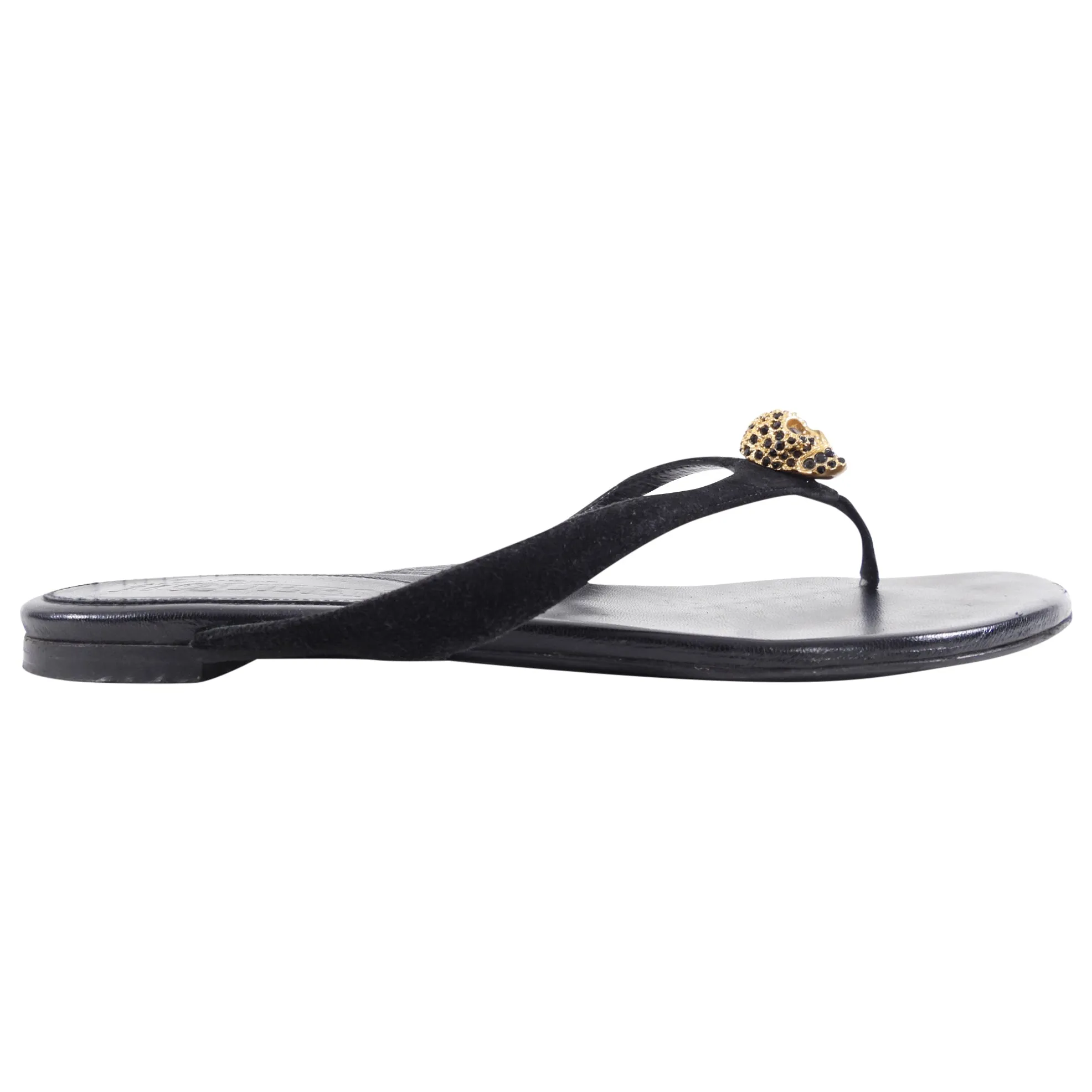 Alexander McQueen Black Suede and Leather Skull Thong Sandals - 39