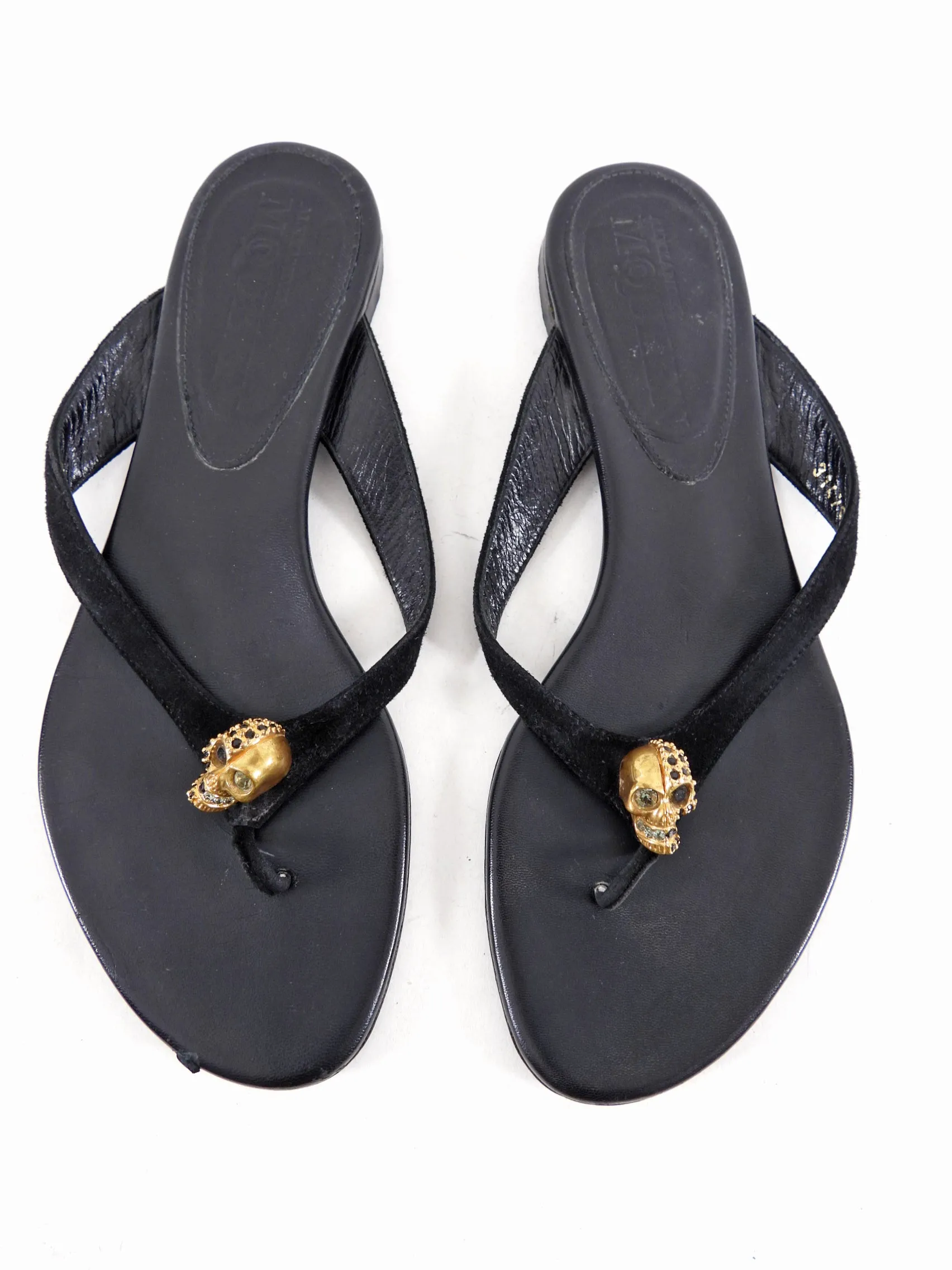 Alexander McQueen Black Suede and Leather Skull Thong Sandals - 39