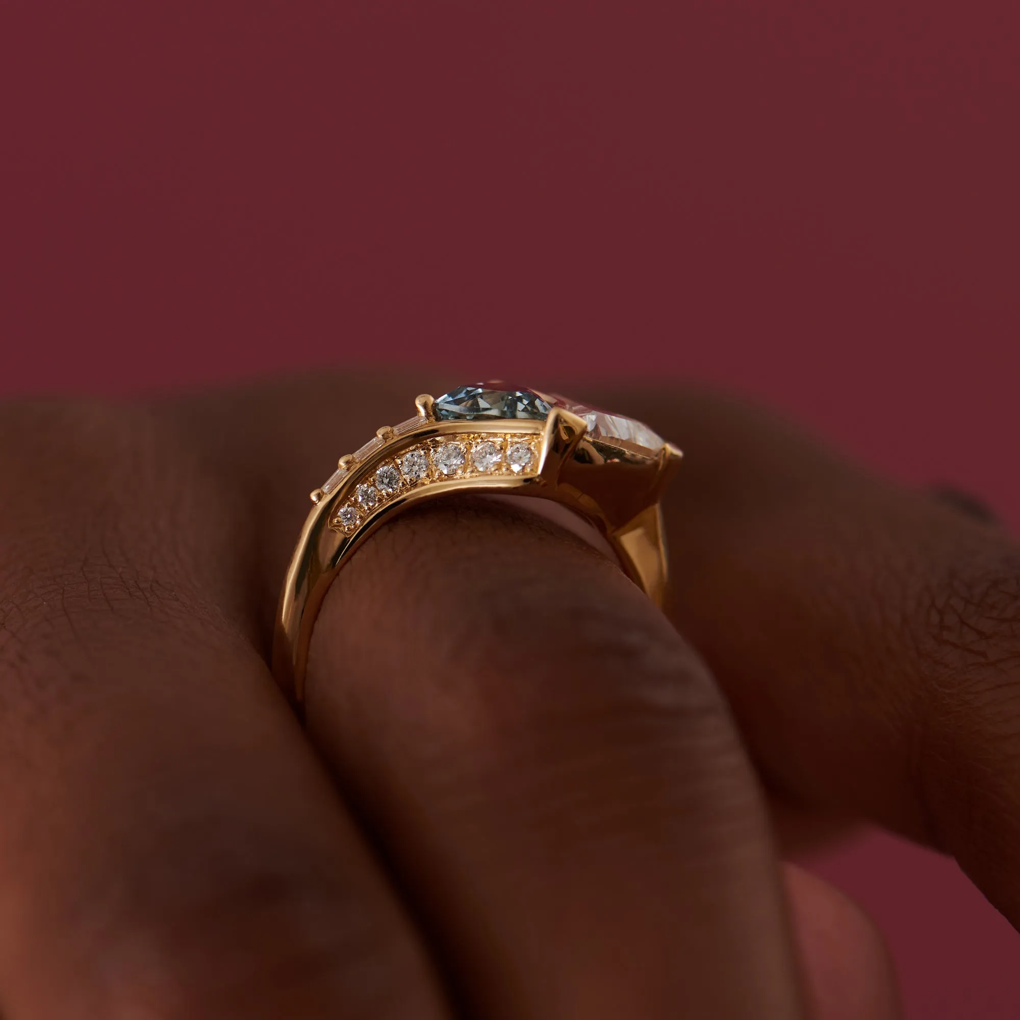 Aquatic Trillion Diamond and Teal Sapphire Engagement Ring