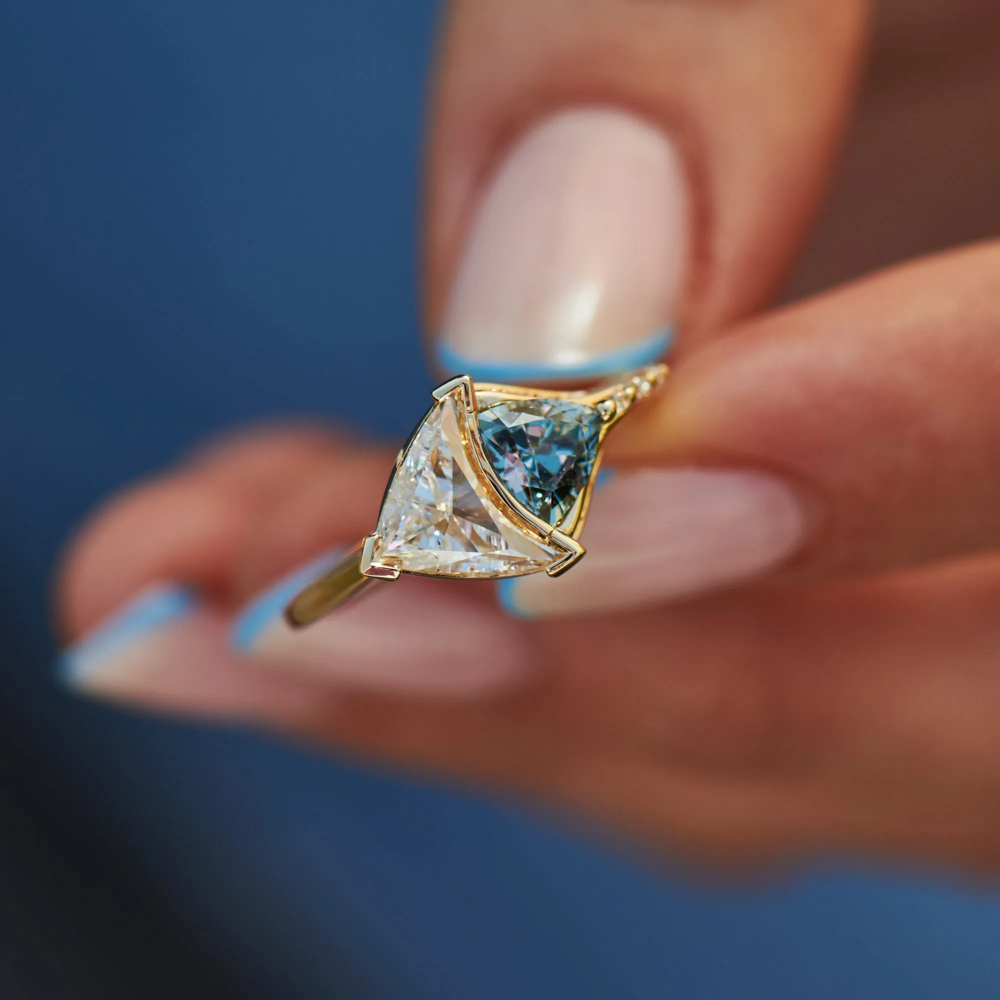 Aquatic Trillion Diamond and Teal Sapphire Engagement Ring