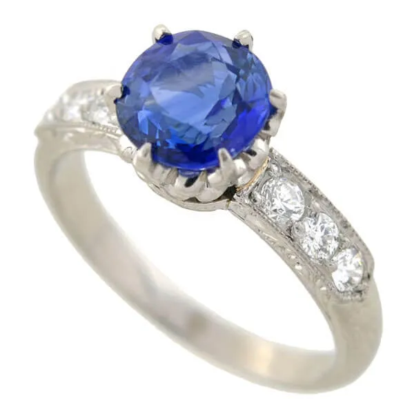 Art Deco Style Platinum Sapphire Diamond Ring 1.50ct