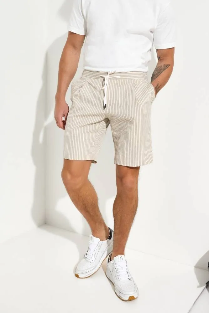 Bailey Casual Shorts - Beige and White Stripe Seersucker Stretch Cotton