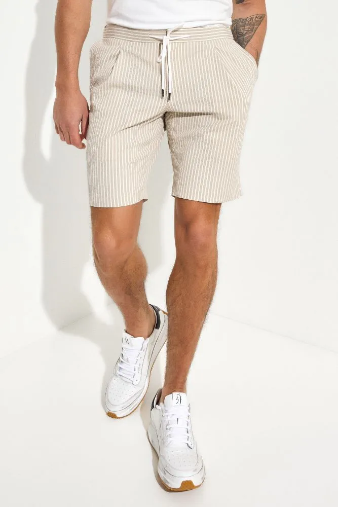 Bailey Casual Shorts - Beige and White Stripe Seersucker Stretch Cotton