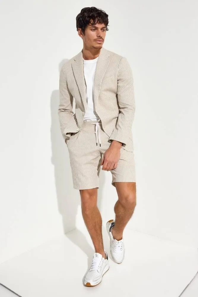 Bailey Casual Shorts - Beige and White Stripe Seersucker Stretch Cotton