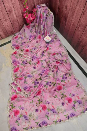 Barbie Pink Color Designer Satin Silk Saree with Digital Floral Print