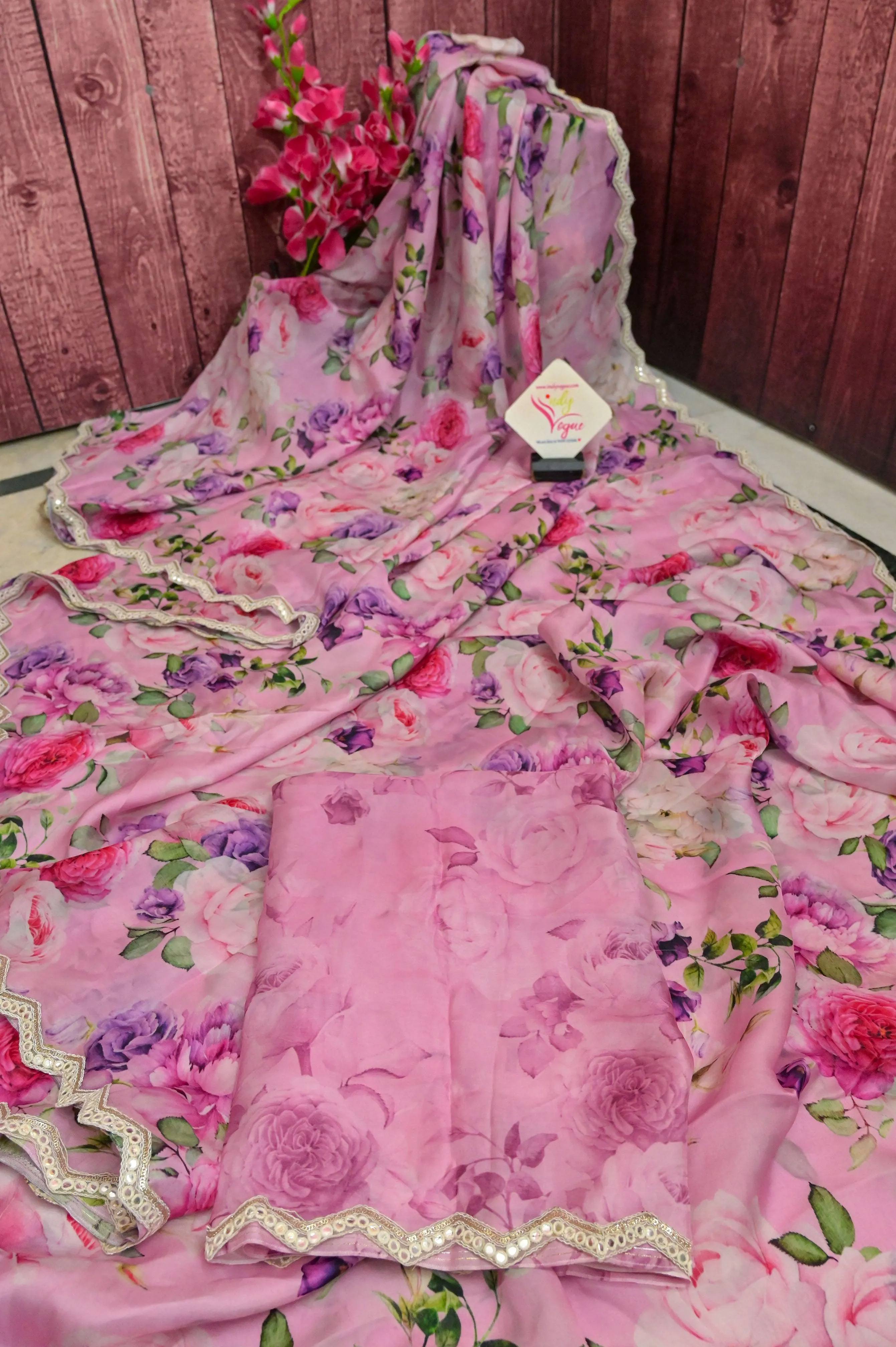 Barbie Pink Color Designer Satin Silk Saree with Digital Floral Print