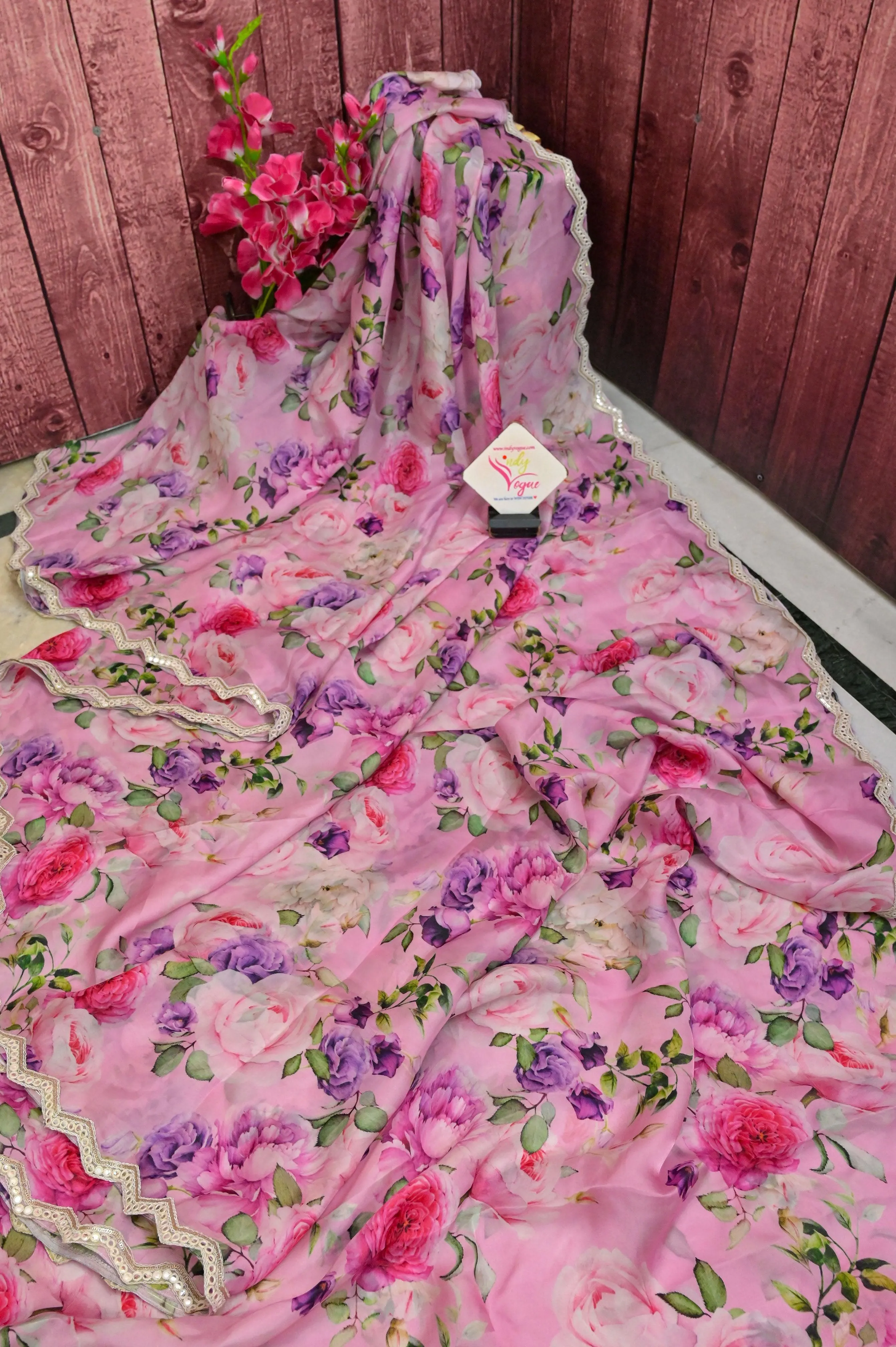 Barbie Pink Color Designer Satin Silk Saree with Digital Floral Print