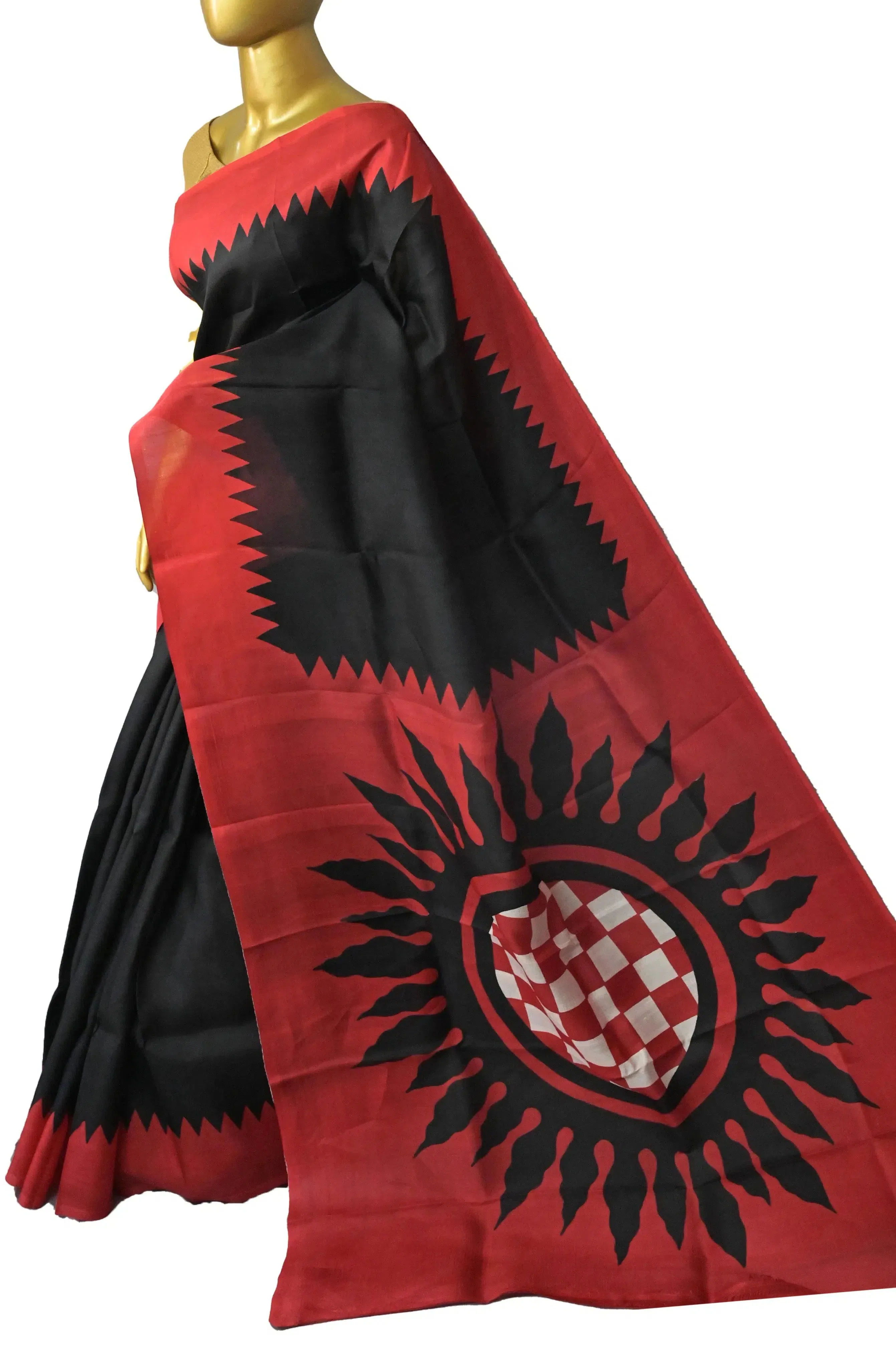 Black and Red Color Pure Bishnupur Silk Saree with Hand Block Work