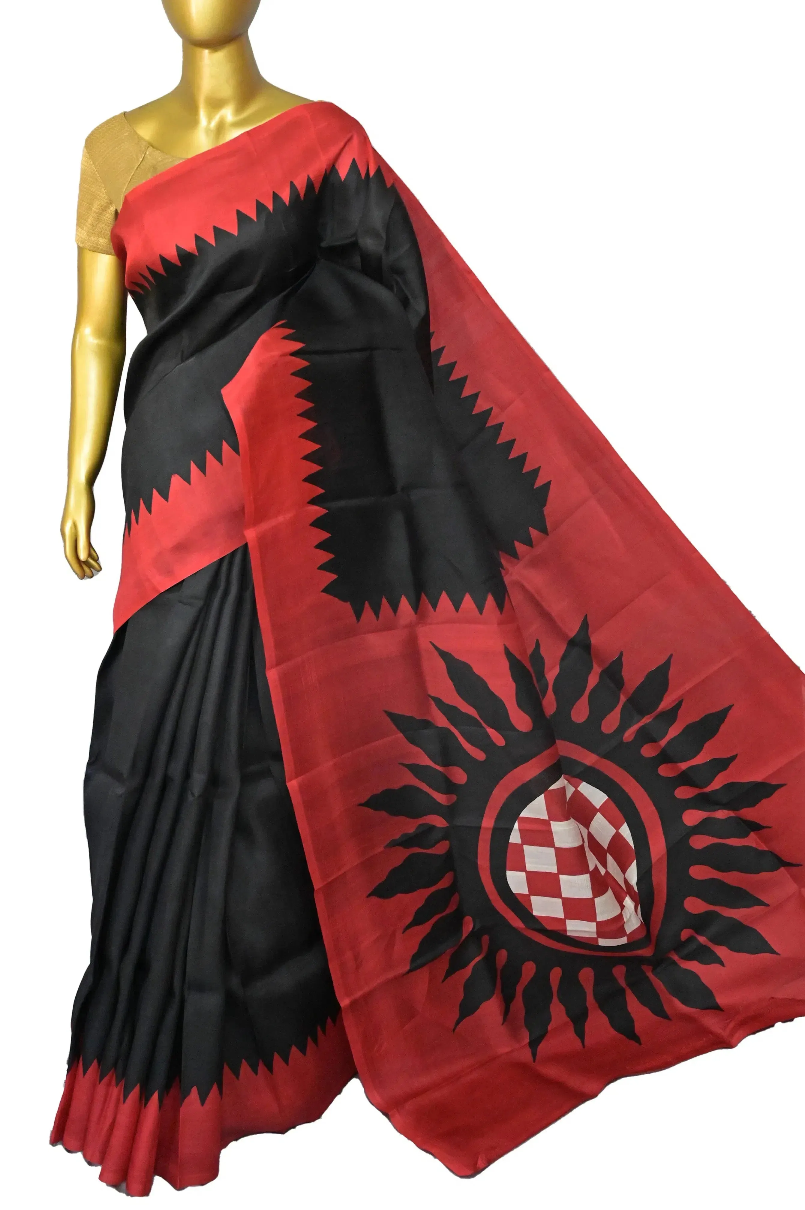 Black and Red Color Pure Bishnupur Silk Saree with Hand Block Work