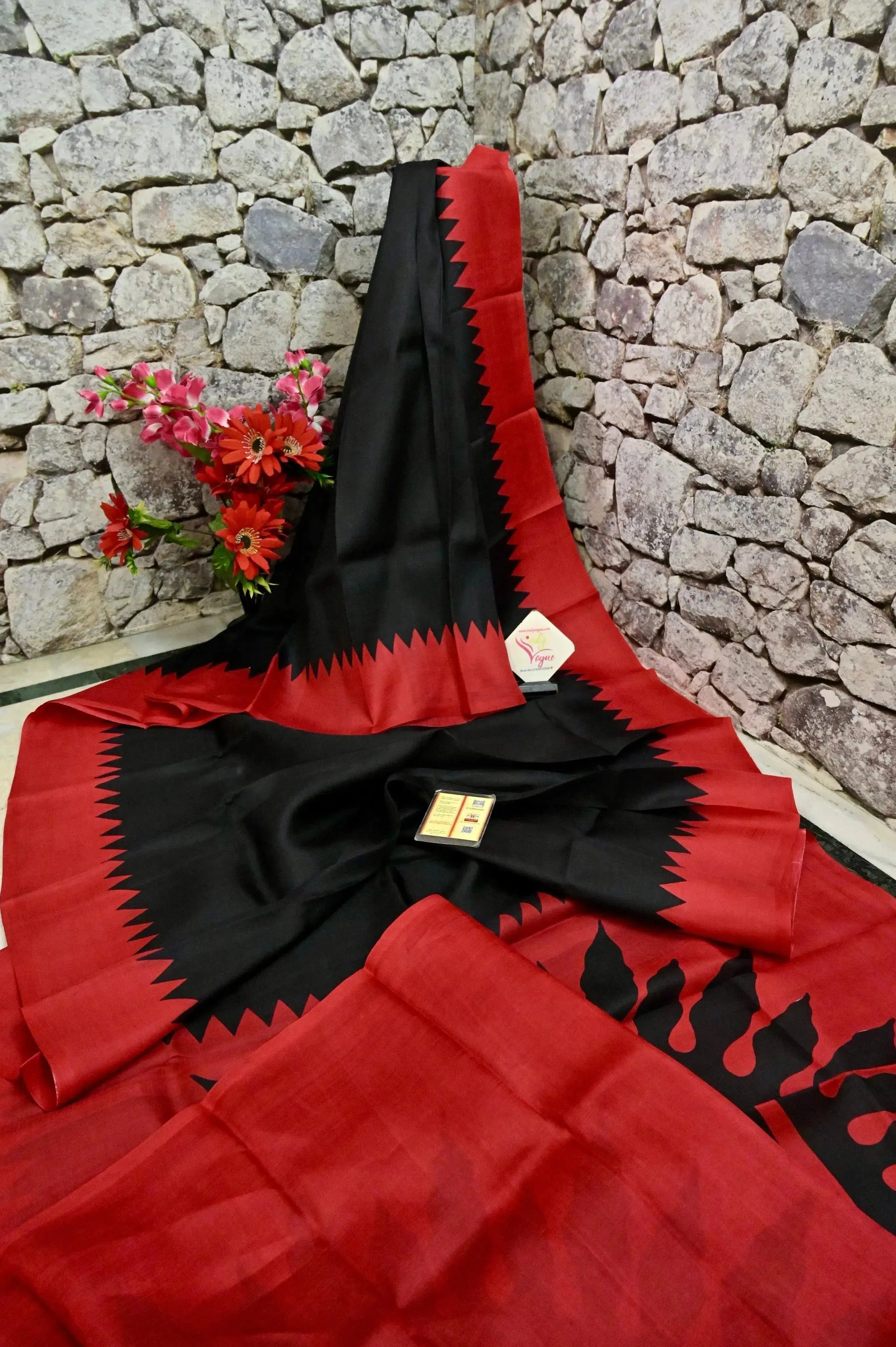 Black and Red Color Pure Bishnupur Silk Saree with Hand Block Work