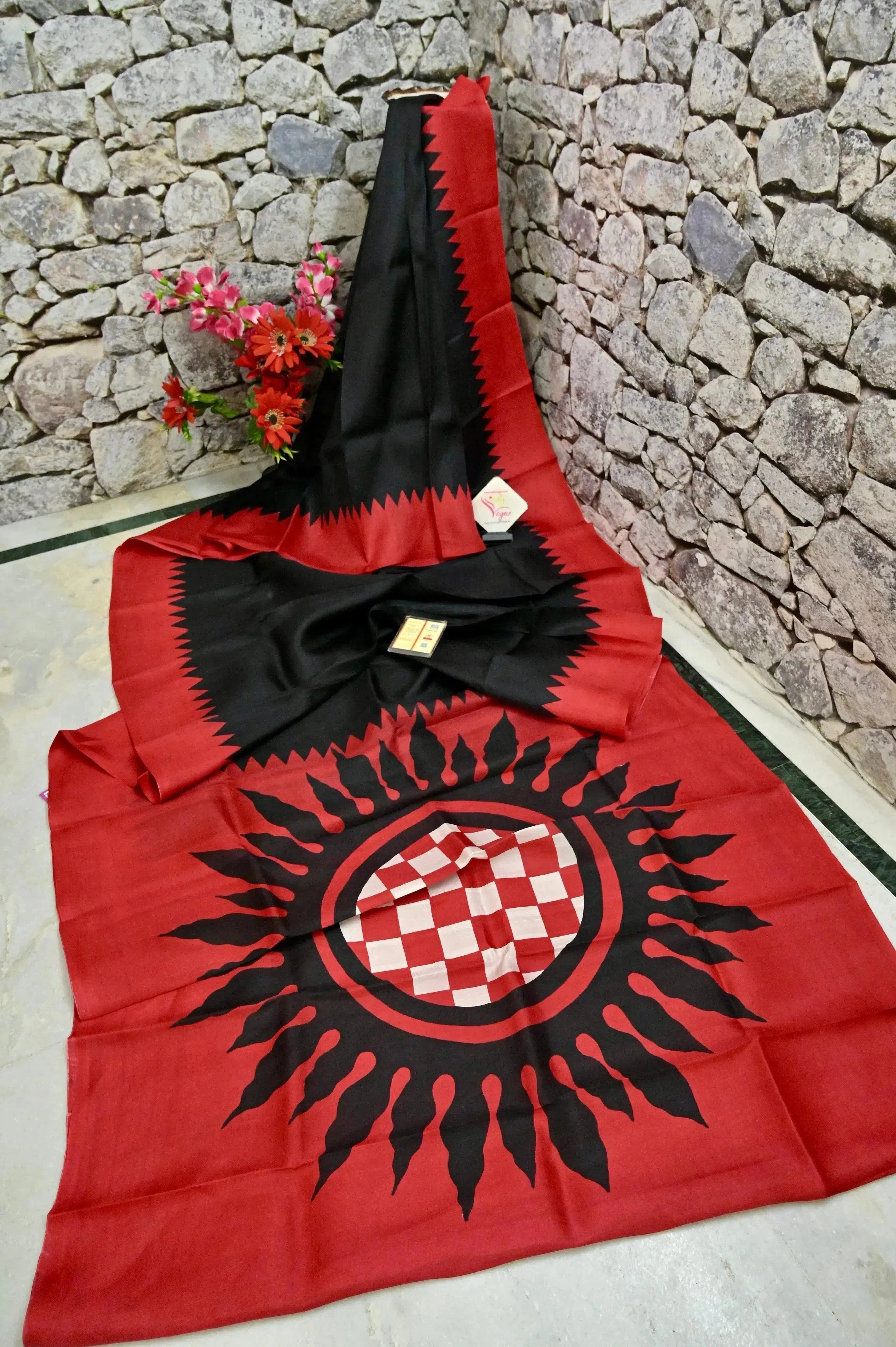 Black and Red Color Pure Bishnupur Silk Saree with Hand Block Work