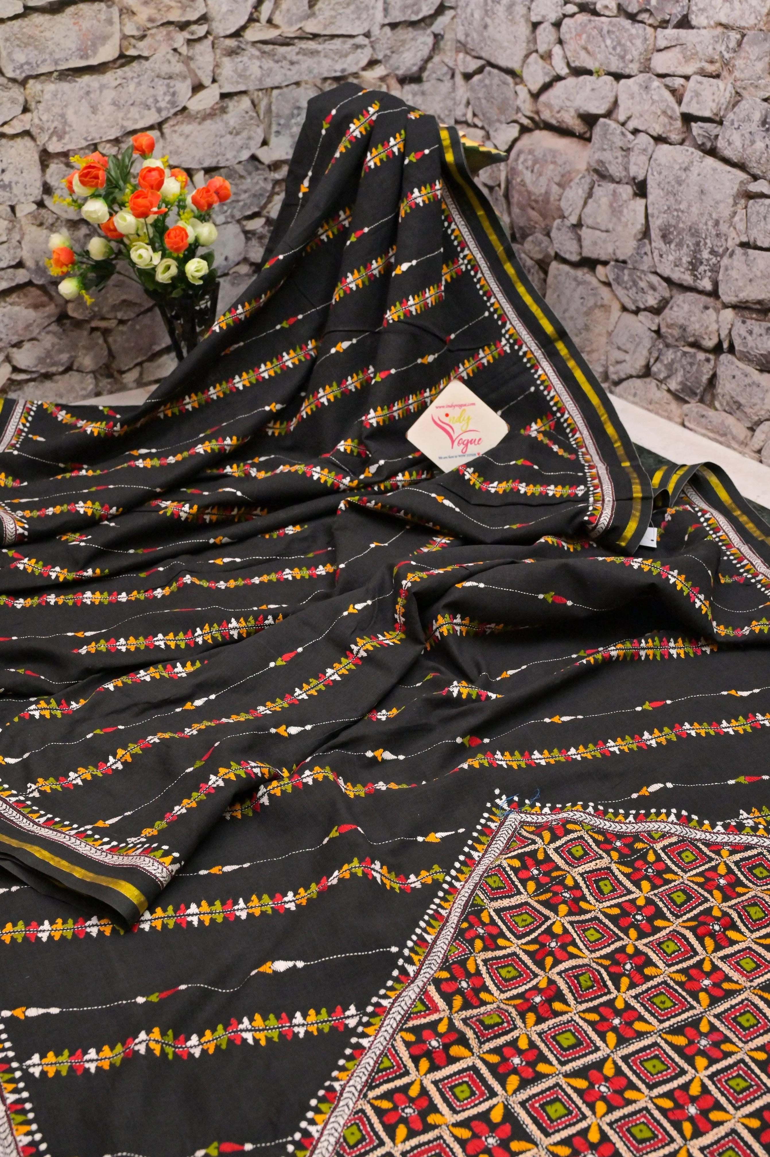 Black Color Bangladeshi Cotton Saree with Multicolor Kantha Stitch Work