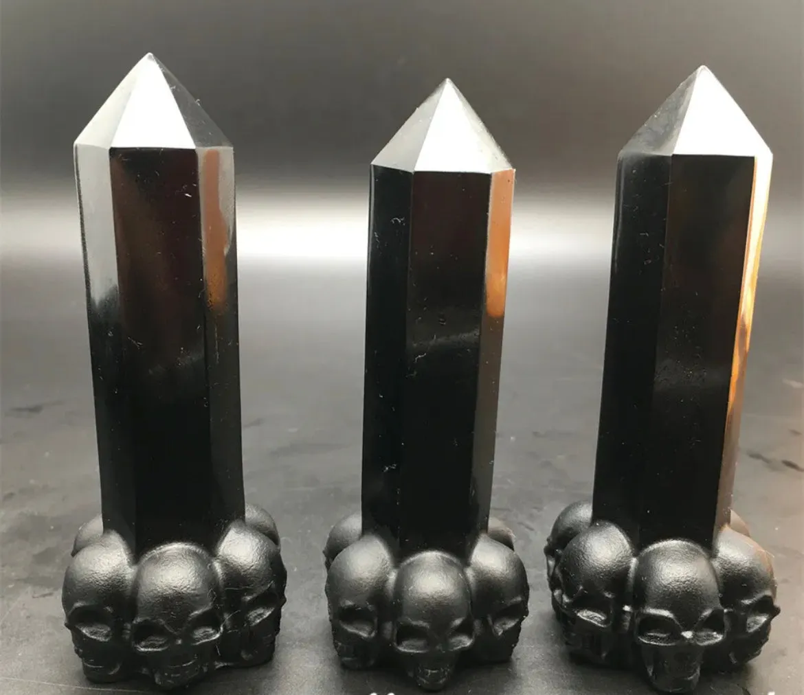 Black Obsidian gemstone Skull Wand Tower