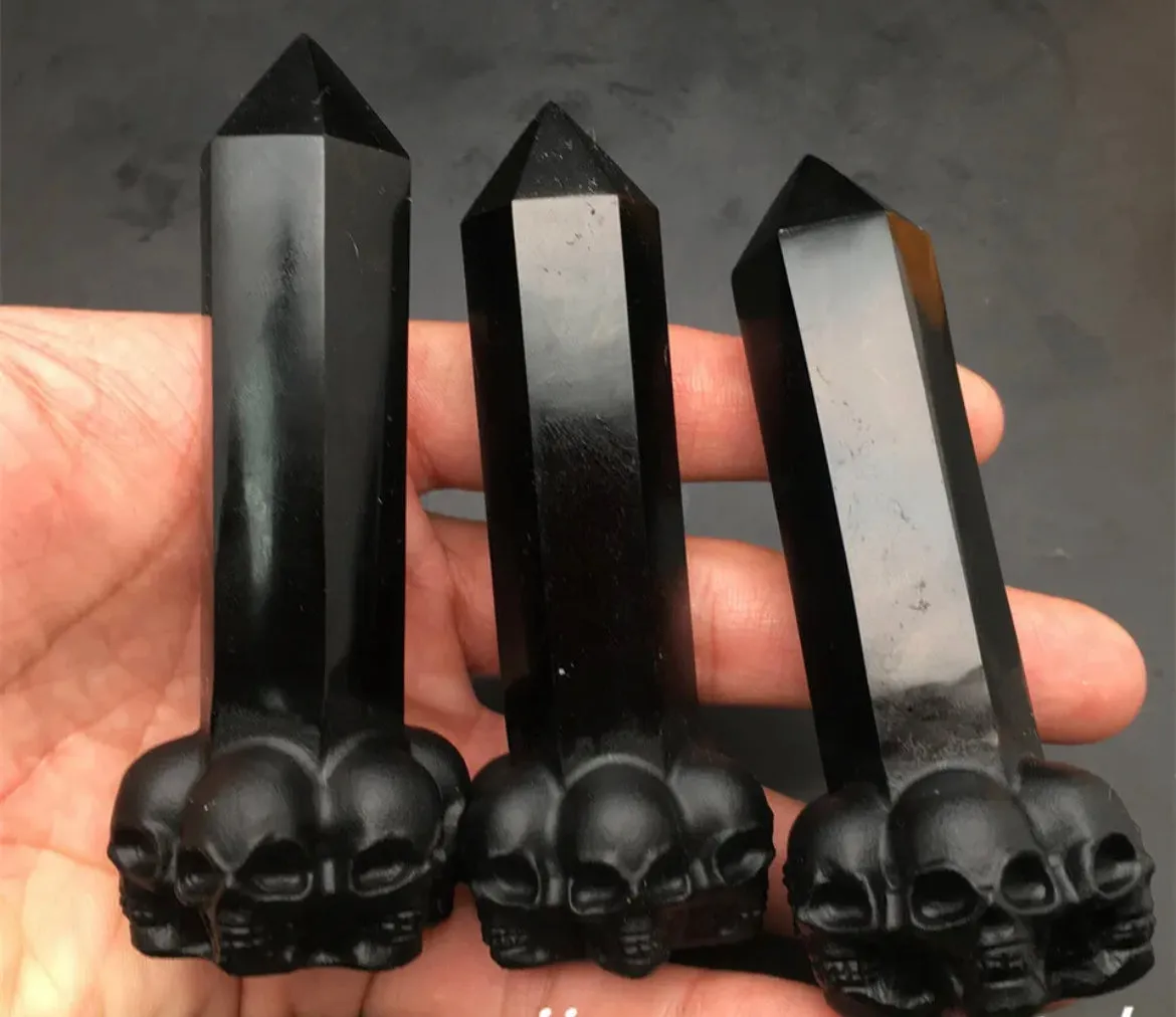 Black Obsidian gemstone Skull Wand Tower