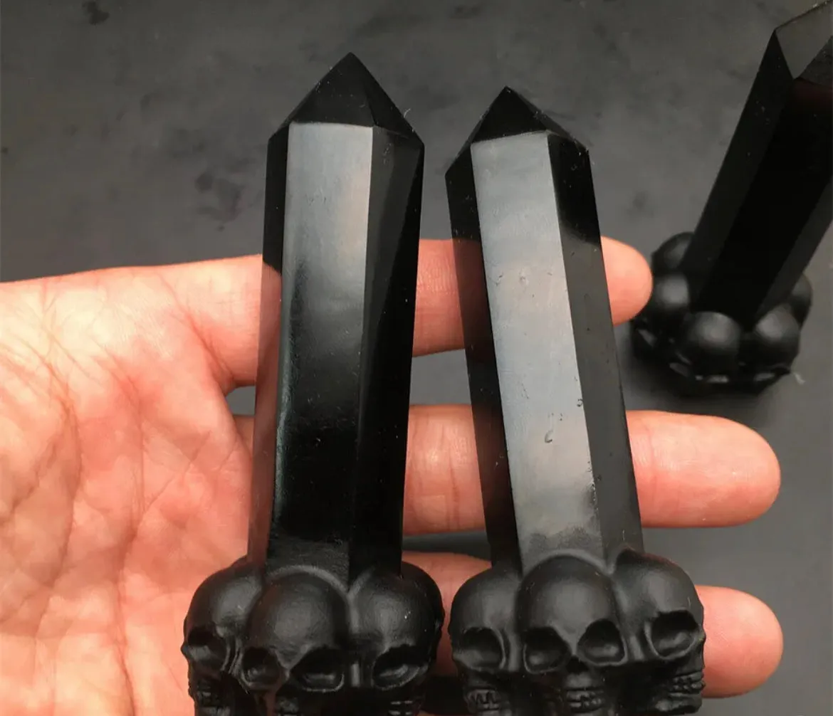 Black Obsidian gemstone Skull Wand Tower