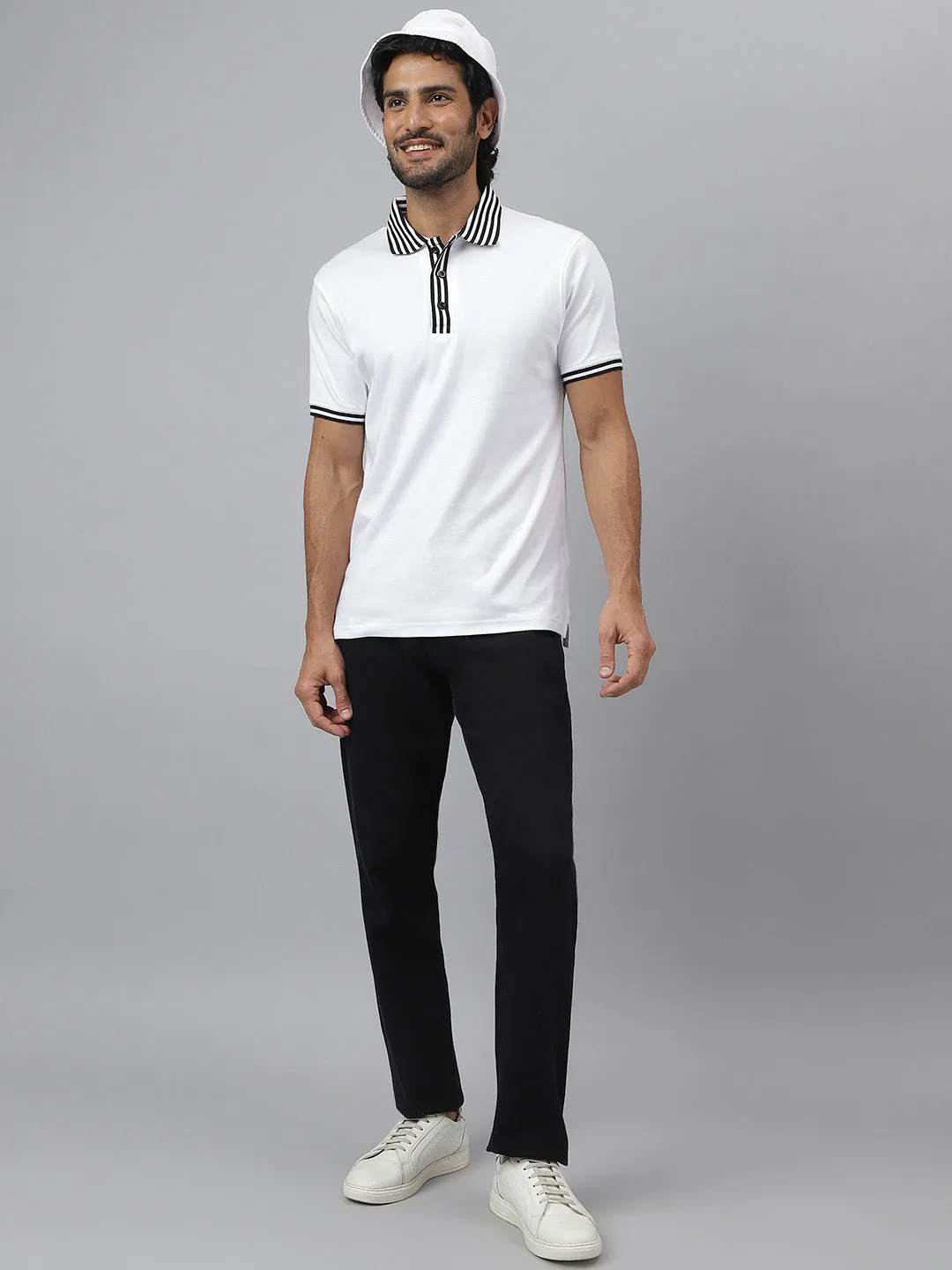 Black Striped Collar Pure Cotton White Polo - Piano