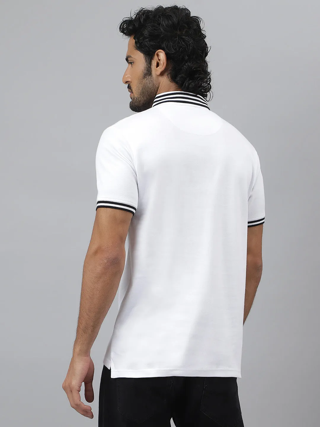 Black Striped Collar Pure Cotton White Polo - Piano