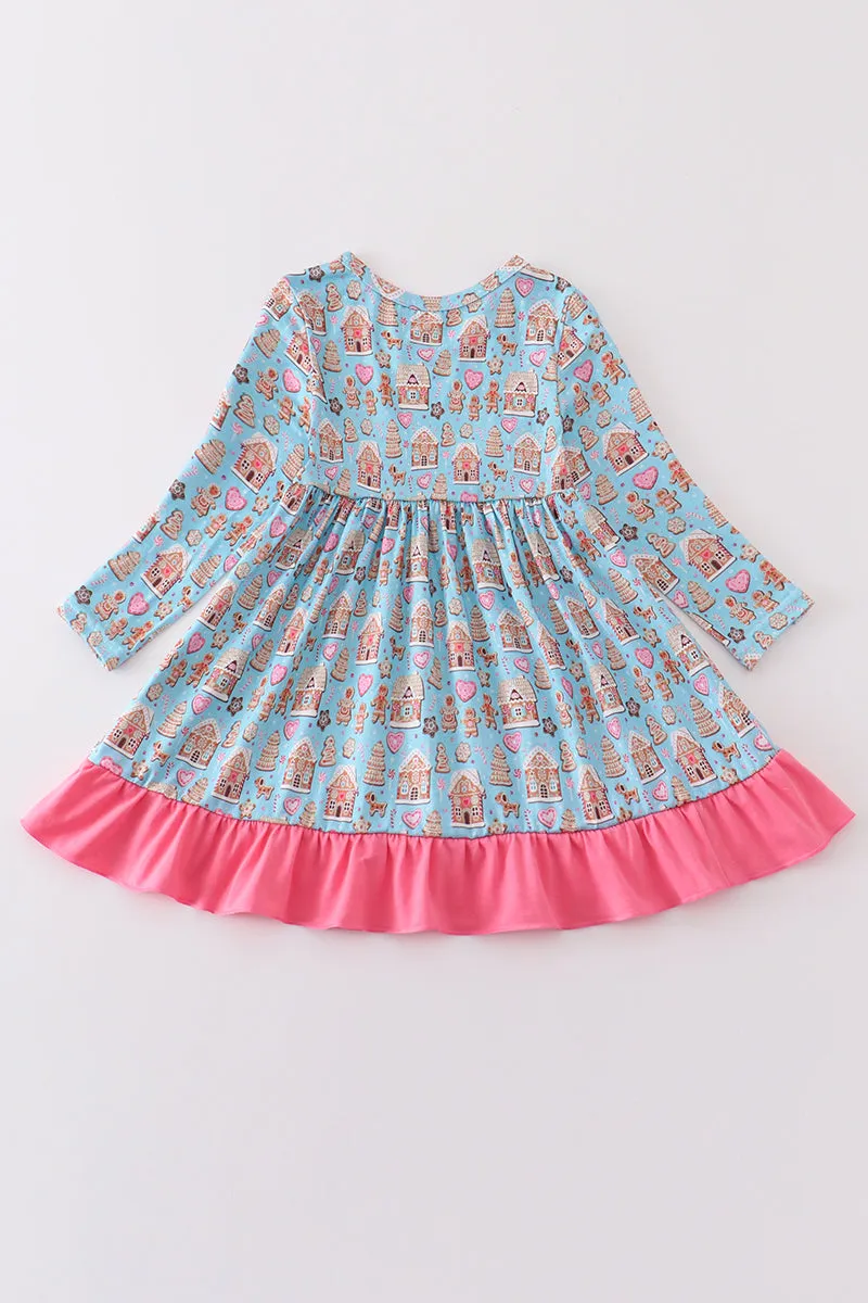 Blue gingerbread print ruffle dress