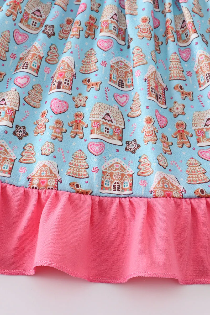 Blue gingerbread print ruffle dress