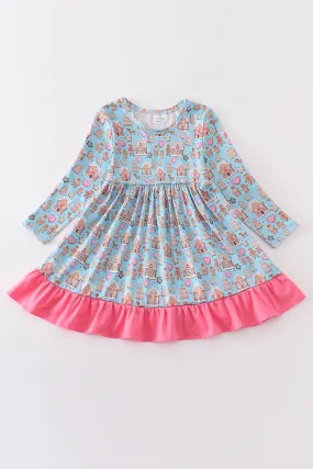 Blue gingerbread print ruffle dress