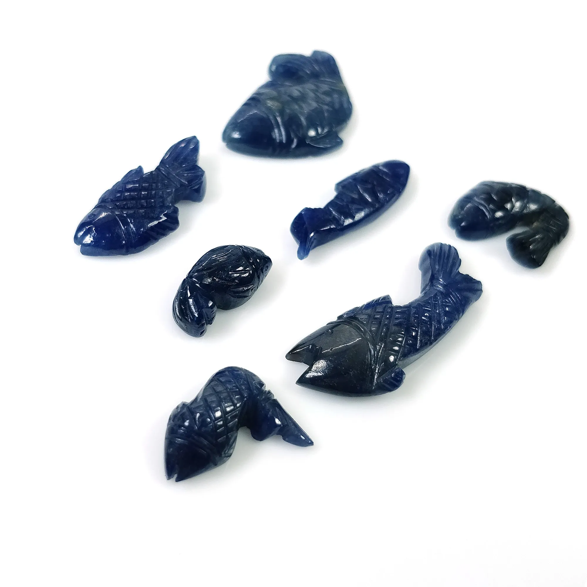 BLUE SAPPHIRE Gemstone Carving September Birthstone : 46.80cts Natural Untreated Sapphire Gemstone Hand Carved FISH 13*7mm - 25*10mm 7pcs