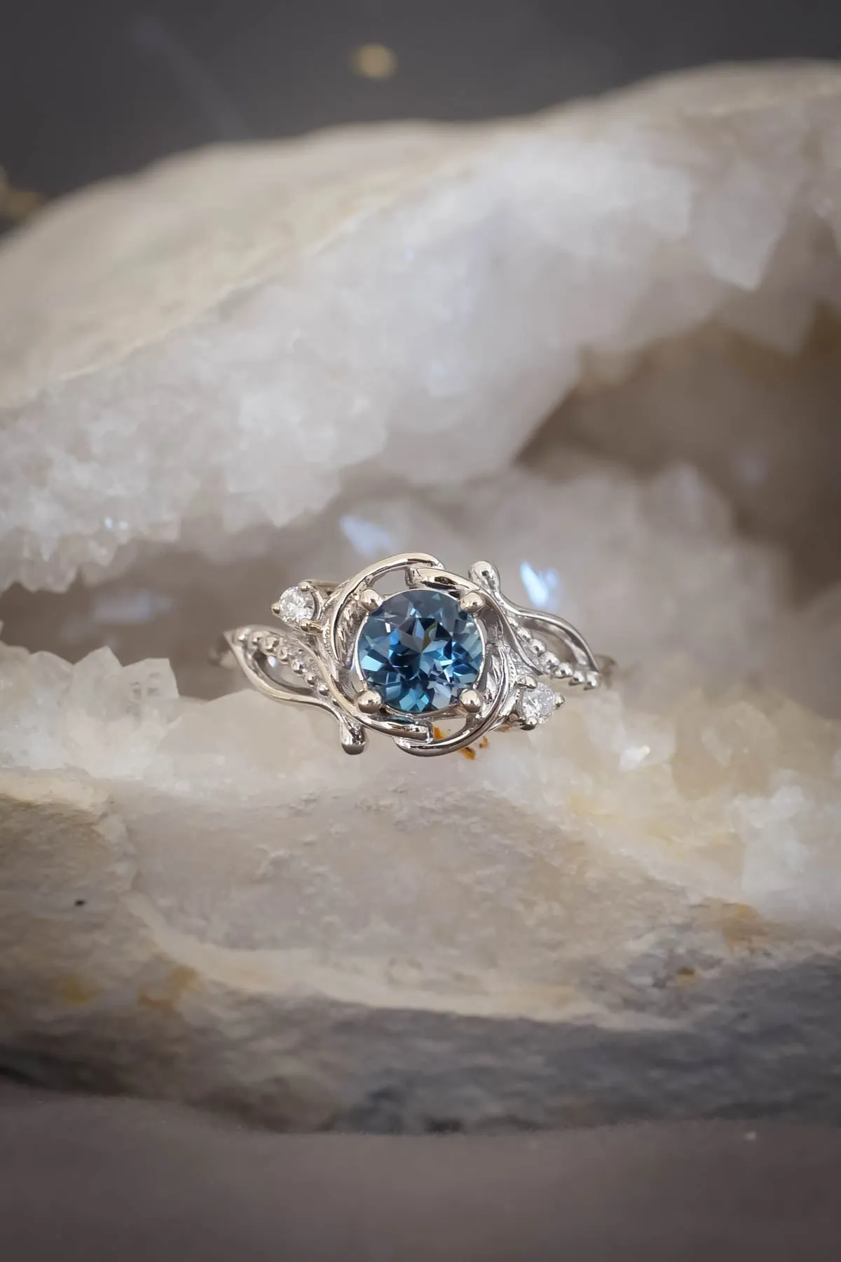 Blue topaz engagement ring, gold nature inspired ring / Undina