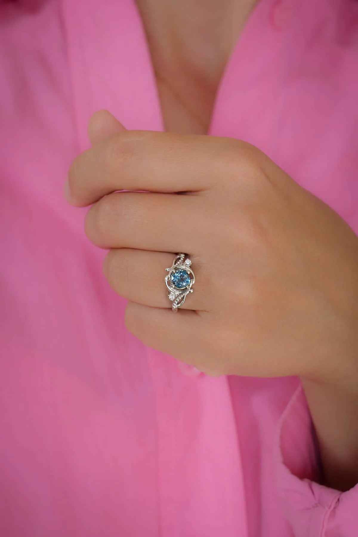 Blue topaz engagement ring, gold nature inspired ring / Undina