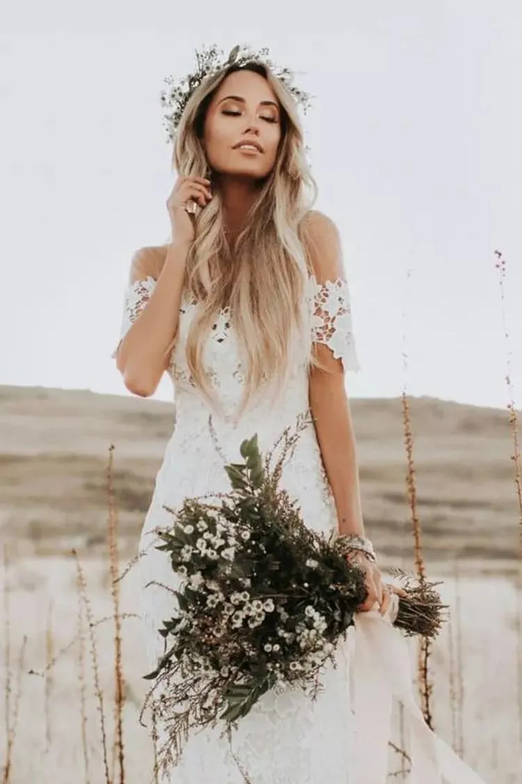 Bohemian Country Style Lace Off-the-shoulder Short Sleeve Wedding Dress