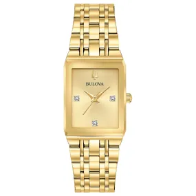 Bulova Quadra Gold Dial Diamond Rectangular Steel Watch