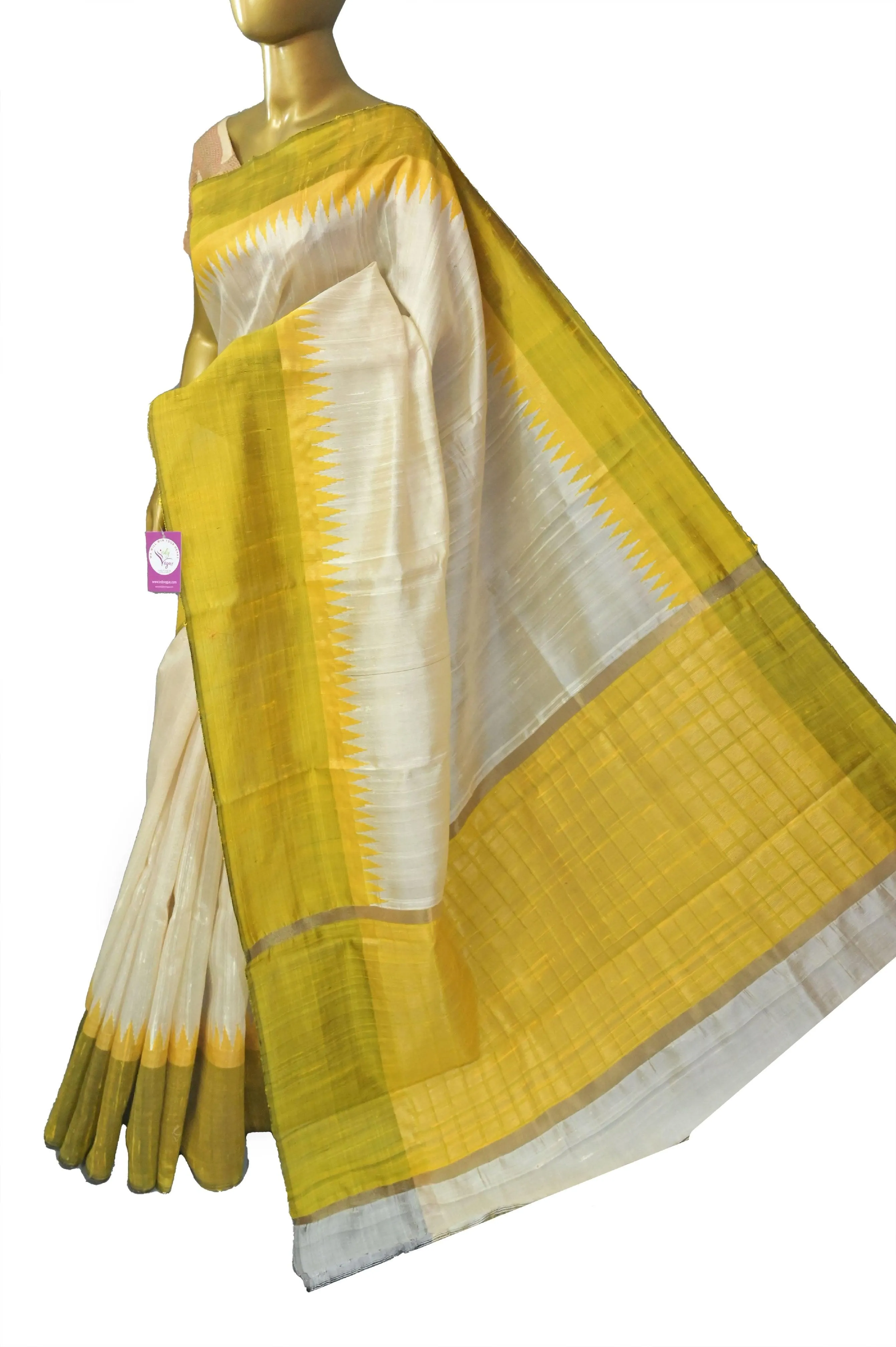 Butter Cream and Lime Yellow Color Raw Silk Saree with Temple Border