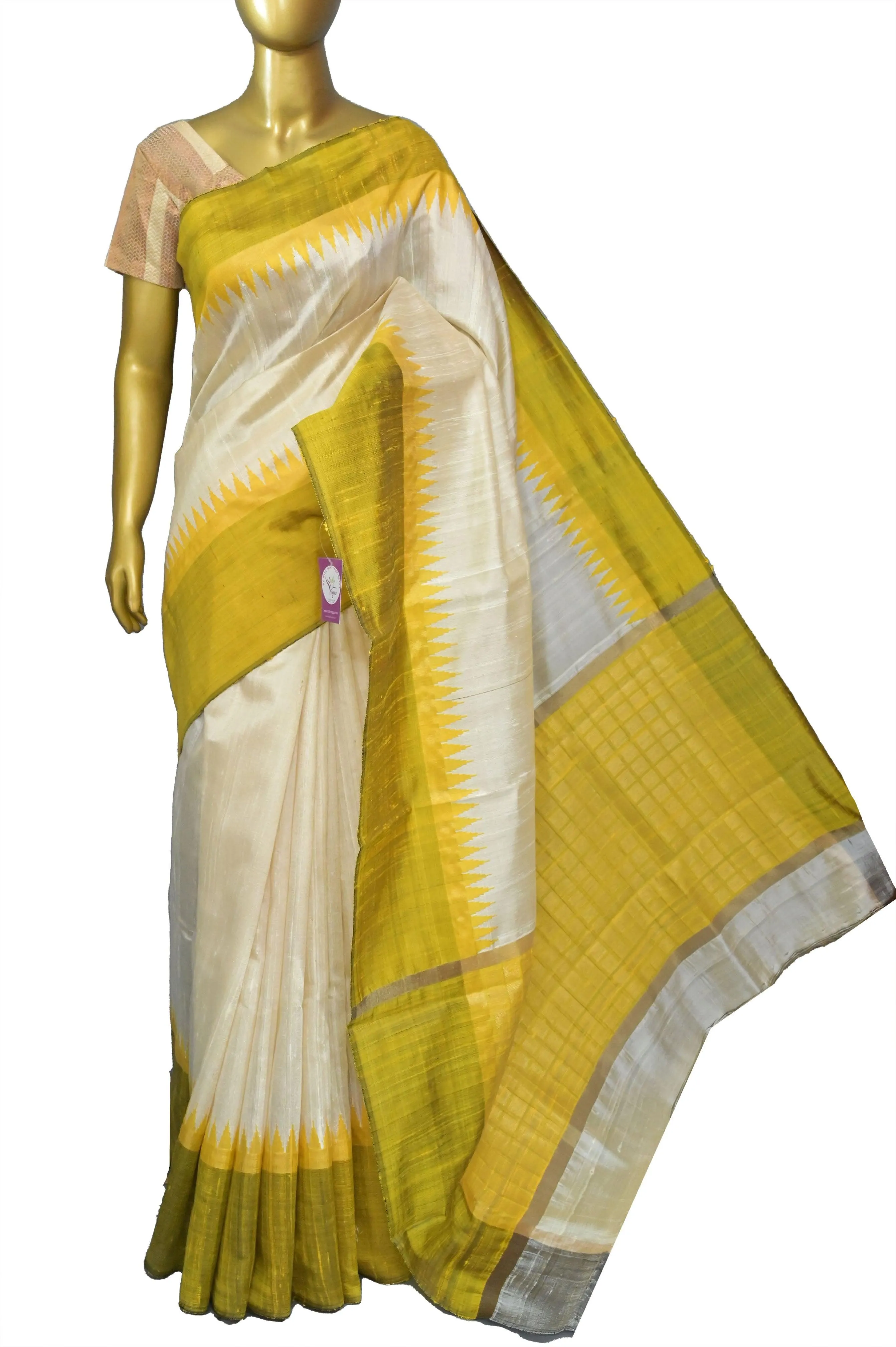 Butter Cream and Lime Yellow Color Raw Silk Saree with Temple Border