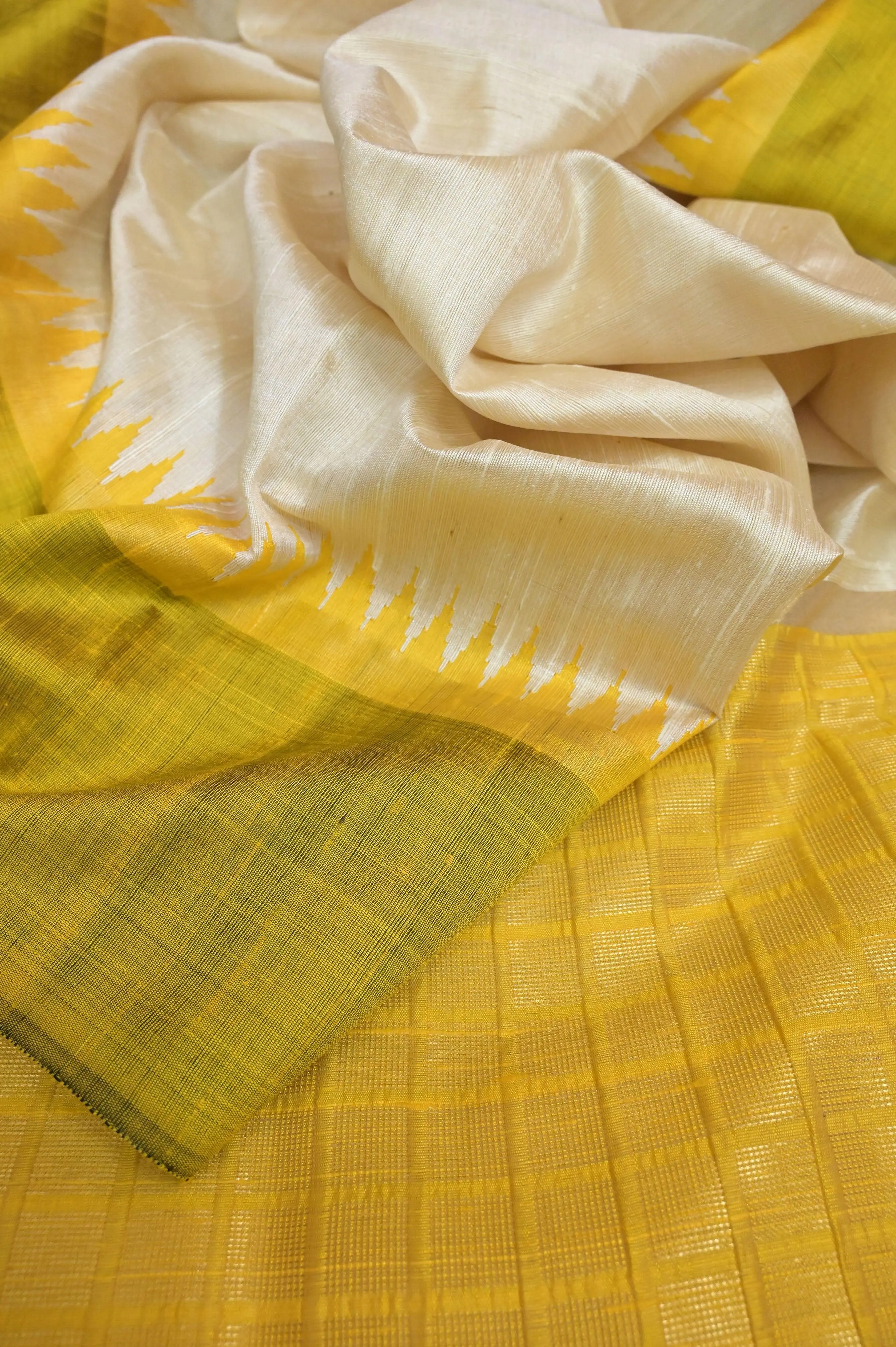 Butter Cream and Lime Yellow Color Raw Silk Saree with Temple Border