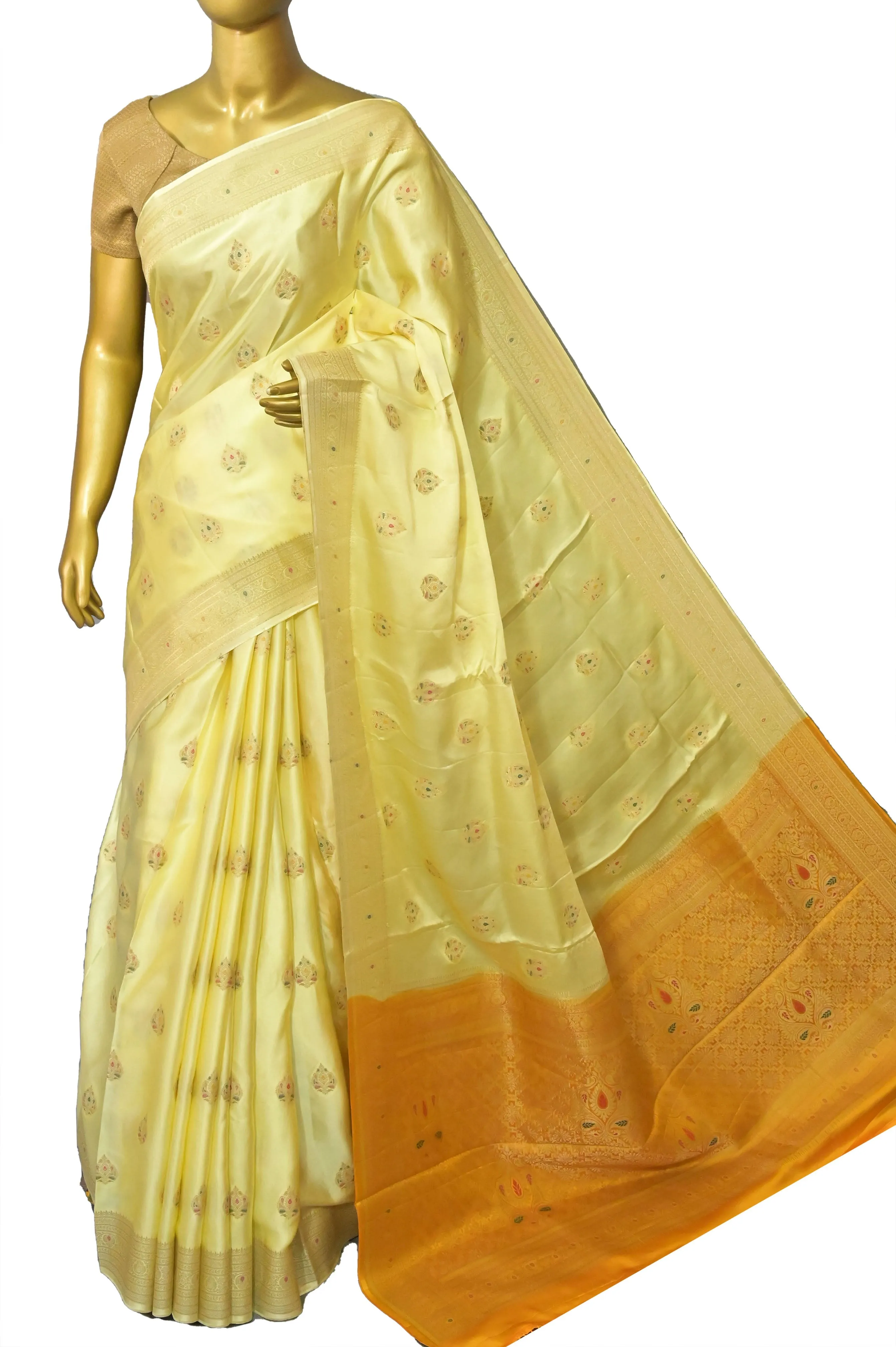 Butterscotch Yellow Color Satin Banarasi Silk Saree with Meenakari Work