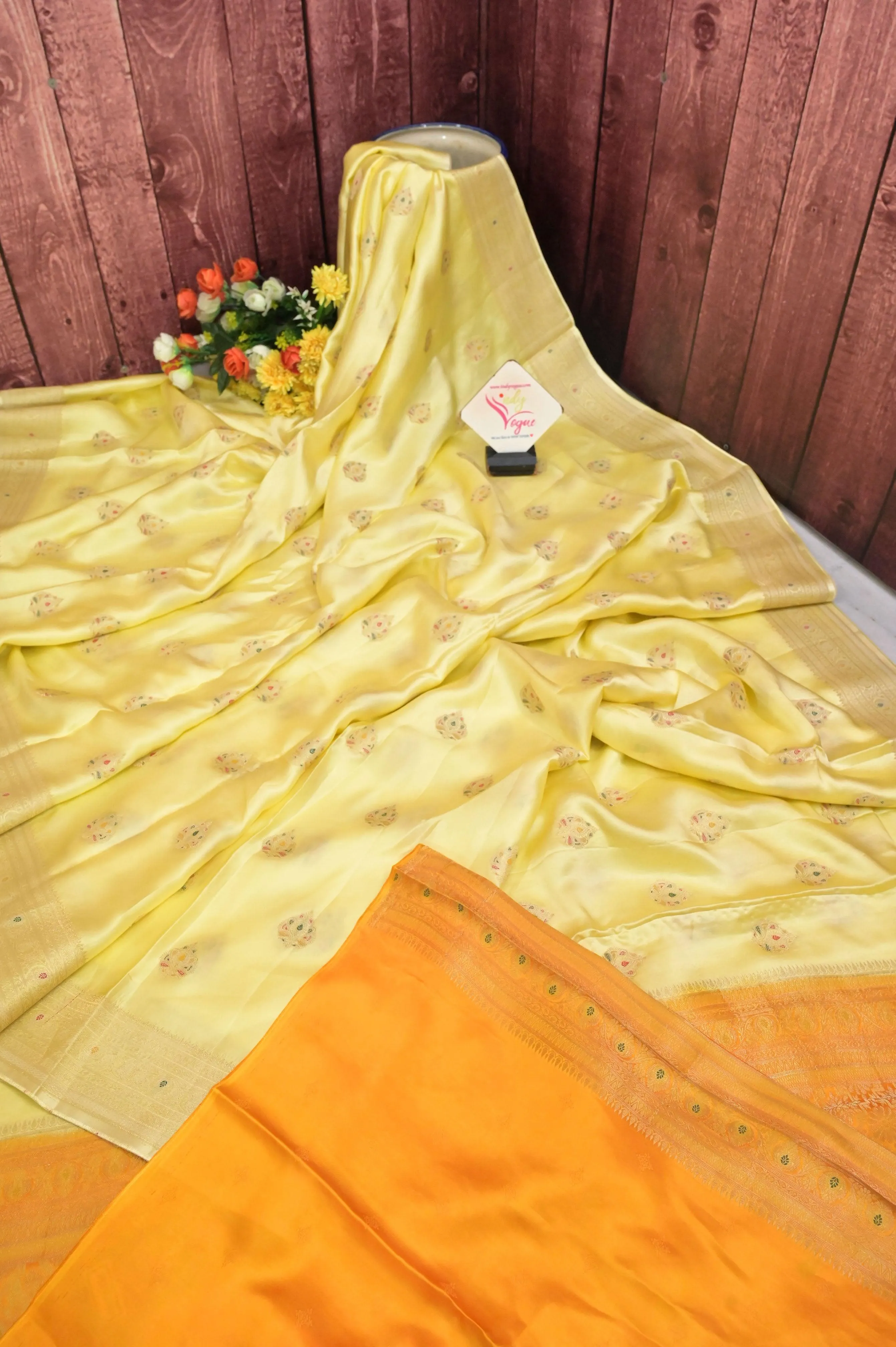 Butterscotch Yellow Color Satin Banarasi Silk Saree with Meenakari Work