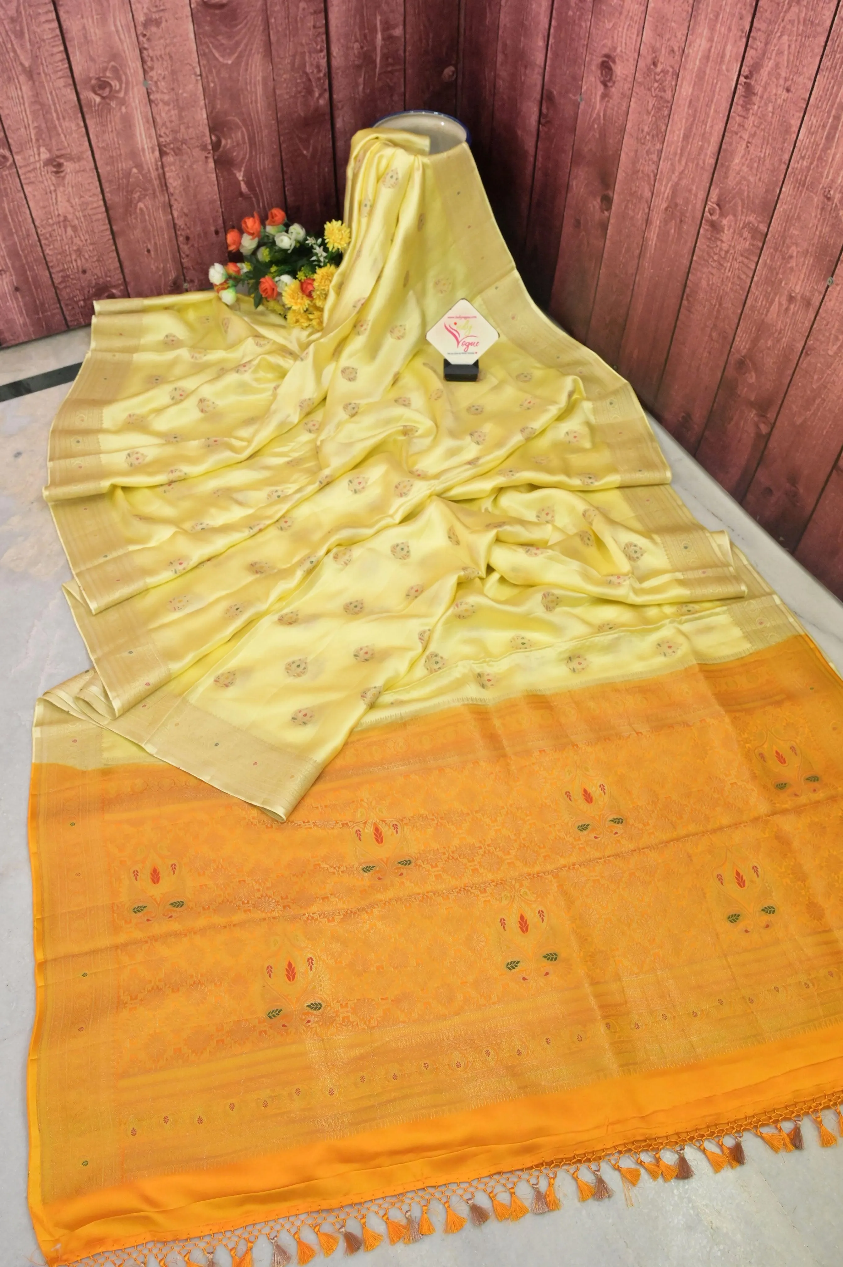 Butterscotch Yellow Color Satin Banarasi Silk Saree with Meenakari Work