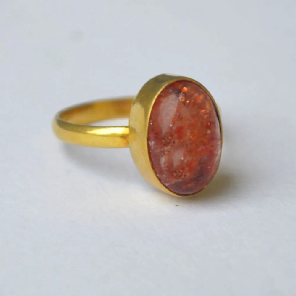 Cabochon Oregon Sunstone Gemstone 925 Sterling Silver Ring, Yellow Gold Plated Ring, Gift Ring