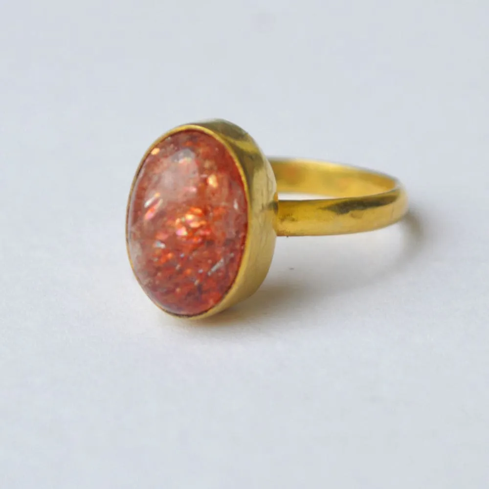 Cabochon Oregon Sunstone Gemstone 925 Sterling Silver Ring, Yellow Gold Plated Ring, Gift Ring