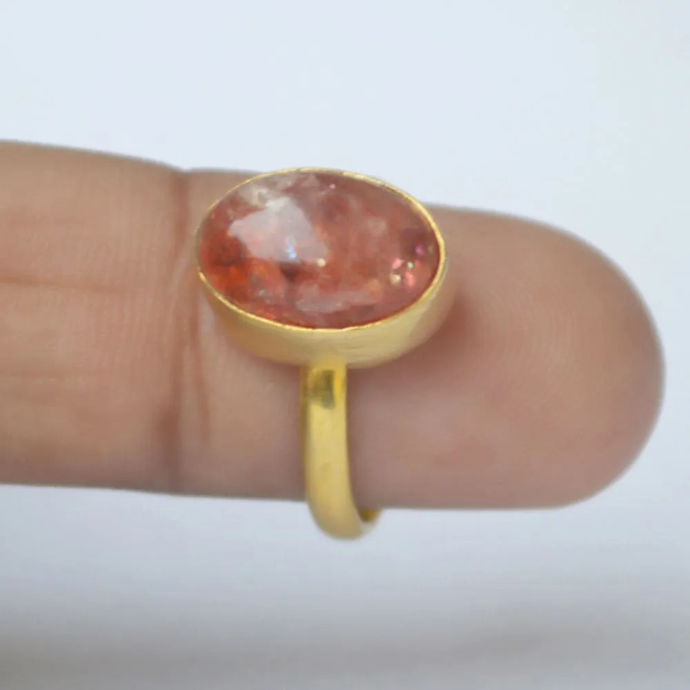 Cabochon Oregon Sunstone Gemstone 925 Sterling Silver Ring, Yellow Gold Plated Ring, Gift Ring